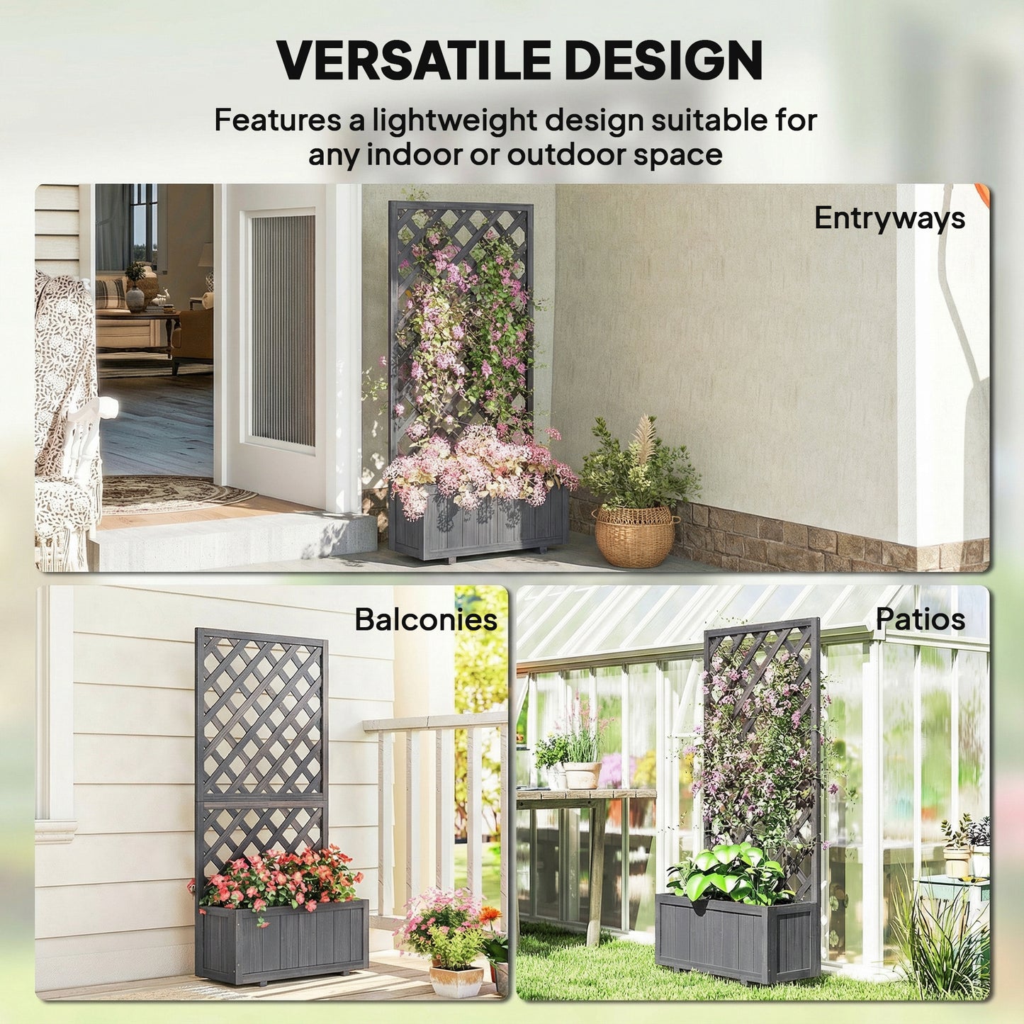 Outsunny Wooden Planter With Trellis For Climbing Plants Herbs And Flowers Raised Bed Planter Box Grey