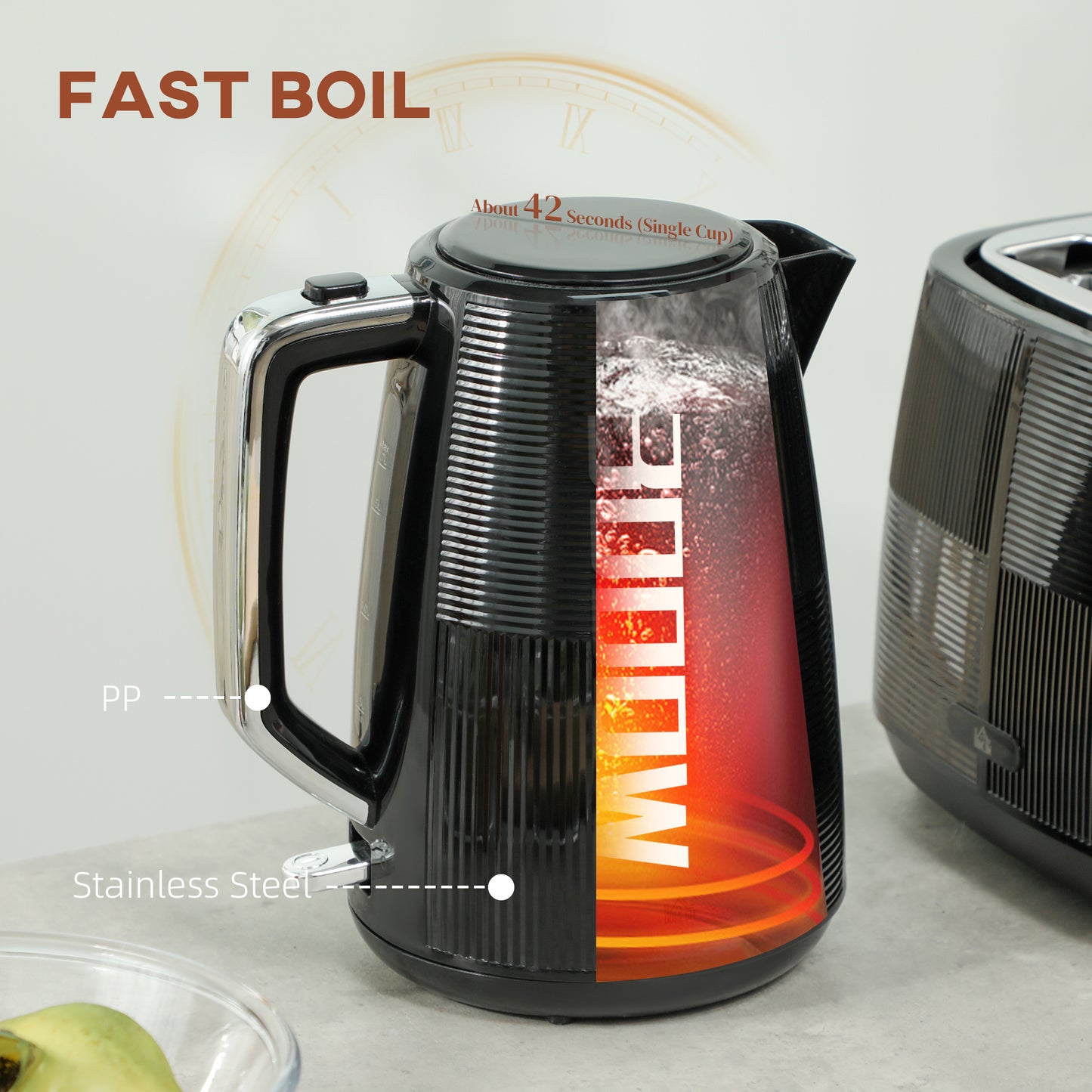 HOMCOM Kettle and Toaster 1.7L 3000W Fast Boil 2 Slice Toaster with 7 Browning Defrost Reheat Boil Dry Protection Black