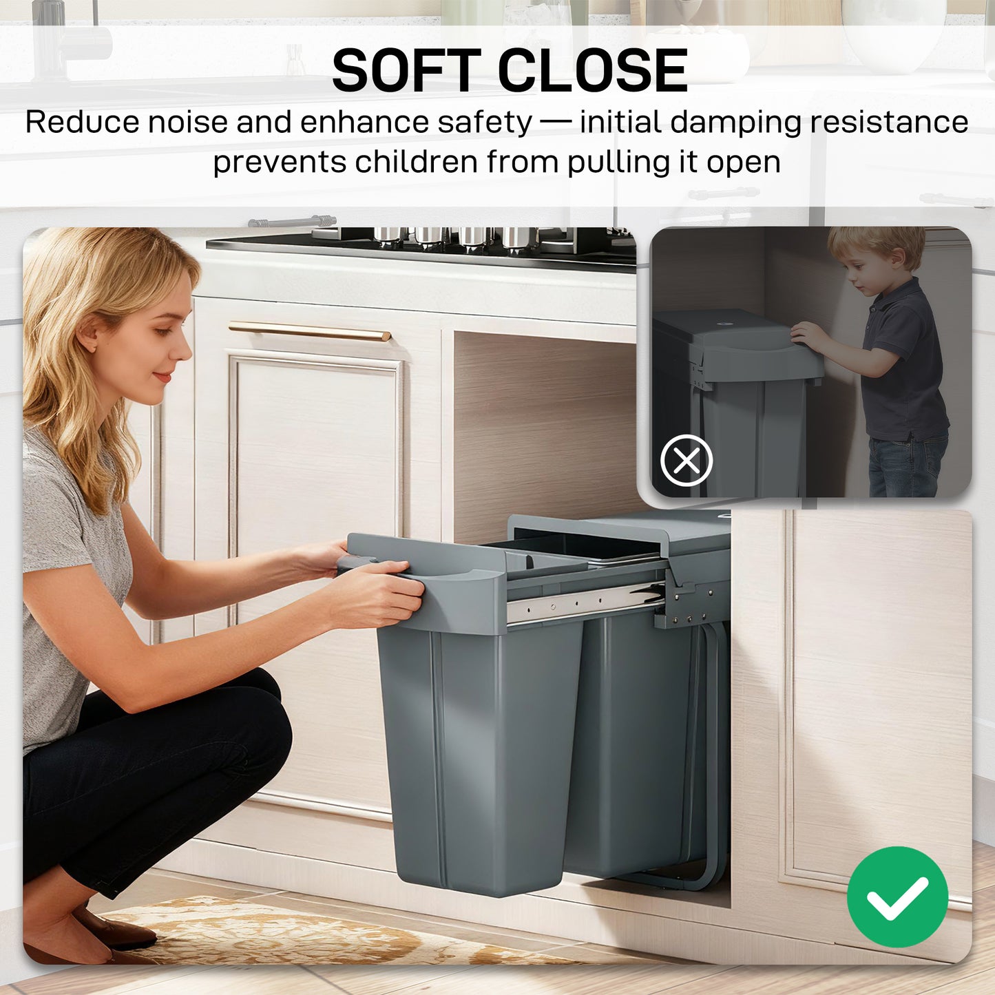 HOMCOM 2 Bin Under Sink Kitchen Trash Bin With Dual 20L And 10L Compartments Removable Bins Diamond Pattern Lid Gray