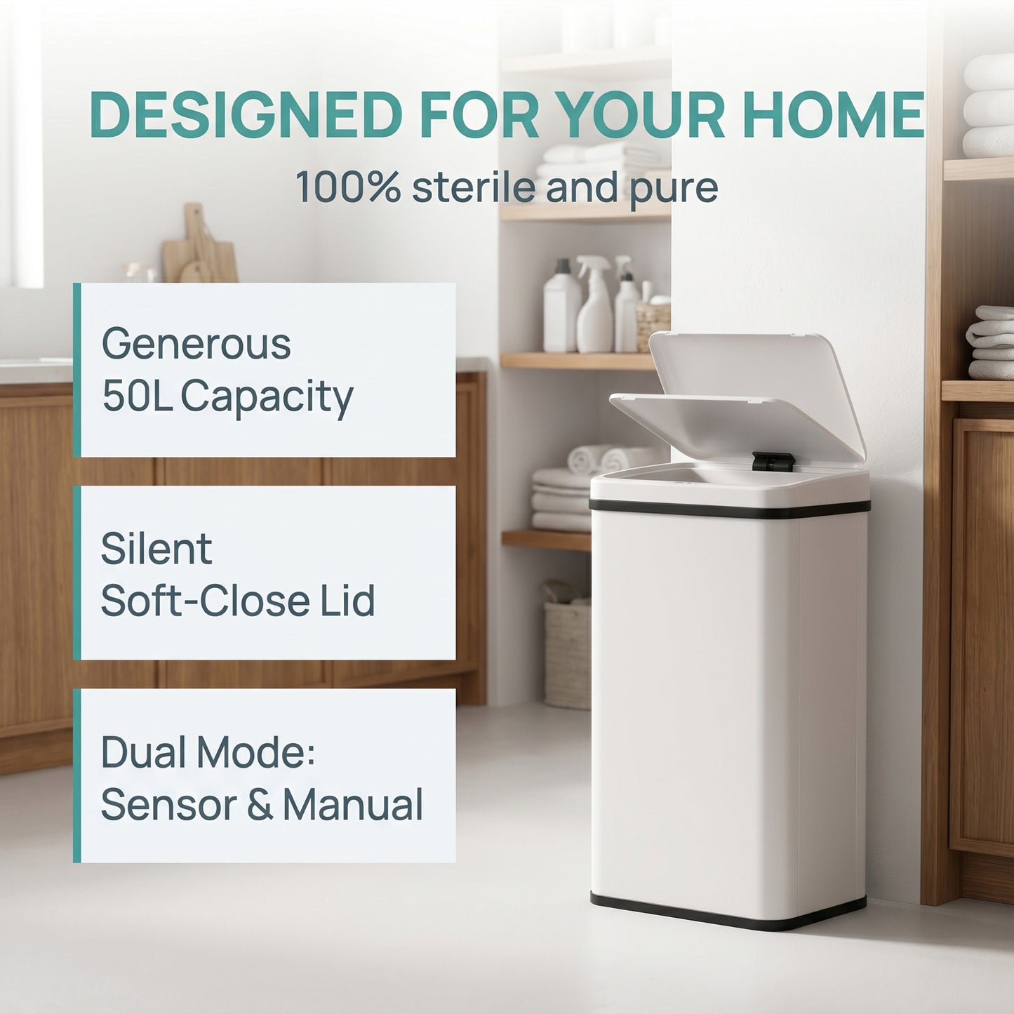 HOMCOM 50L Sensor Bin With Soft Close Lid Stainless Steel Automatic Touchless Motion Sensor Kitchen Bin White