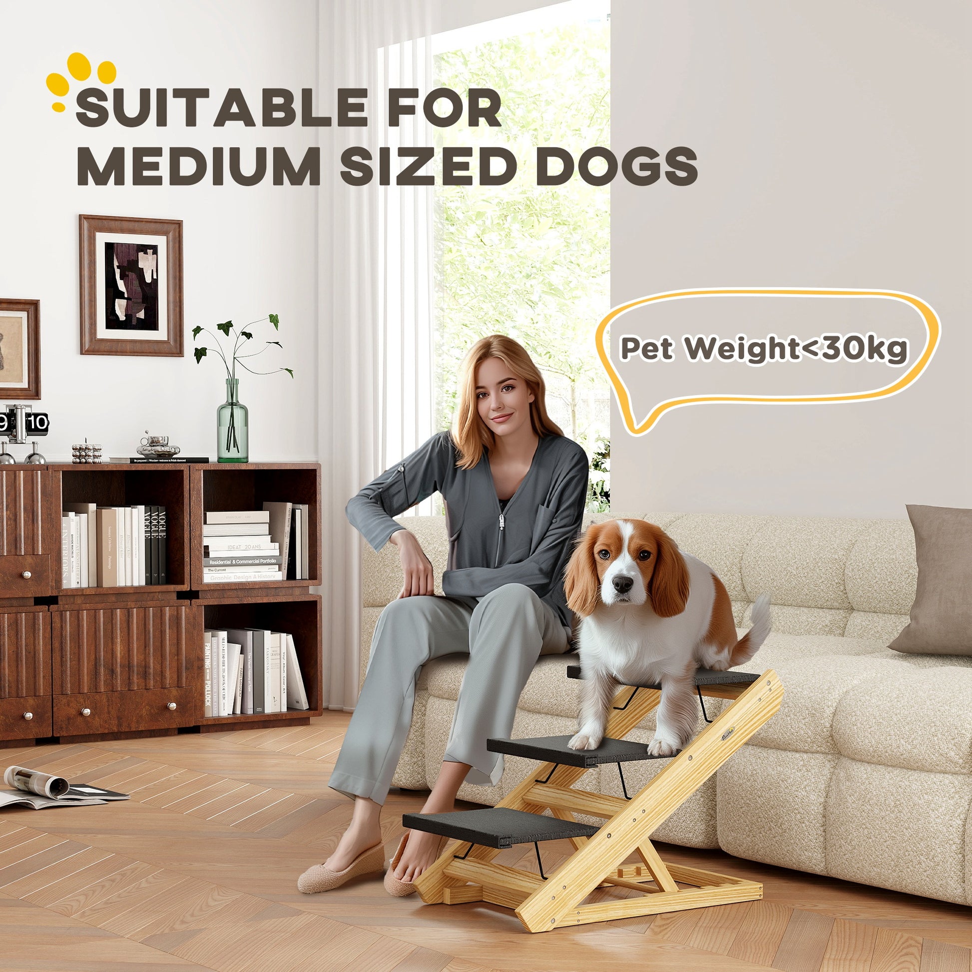 PawHut 3-Step Folding Pet Ramp and Stairs for Medium Dogs - Non-Slip Design for Beds and Sofas - ALL4U RETAILER LTD