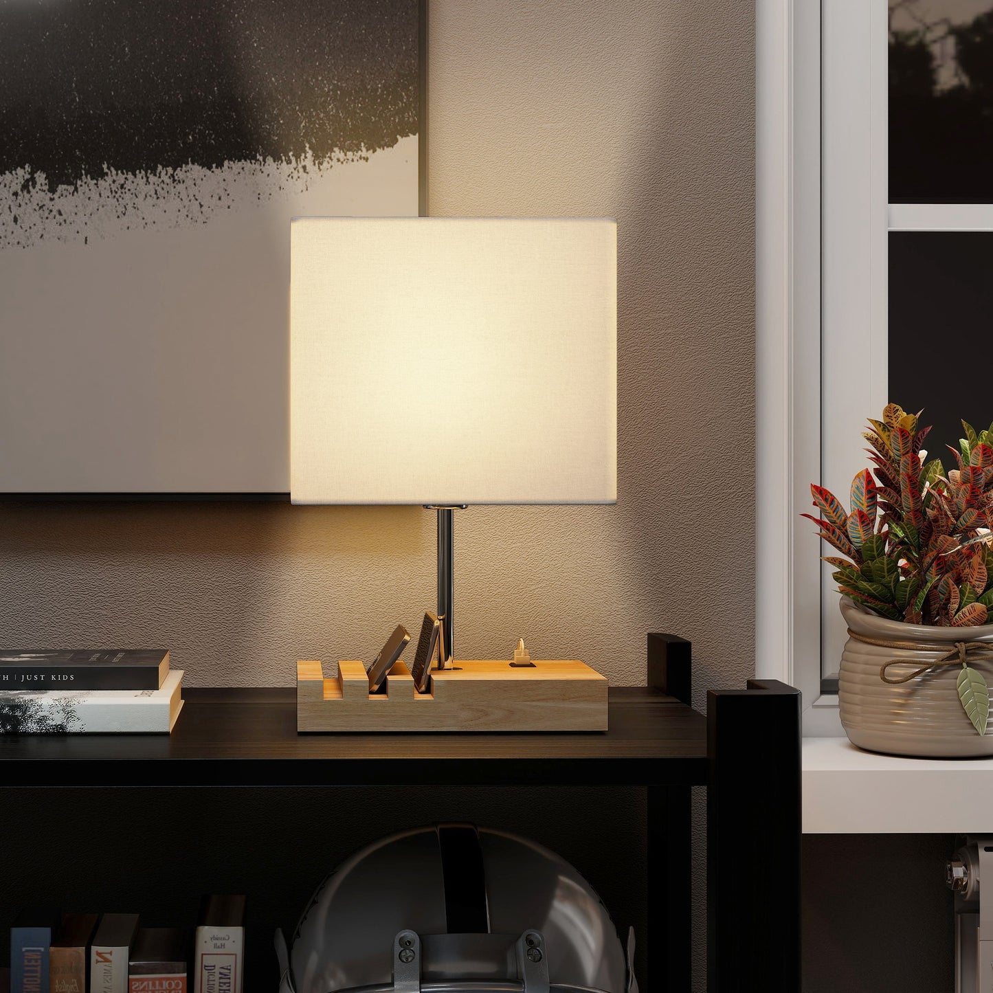 HOMCOM Bedside Lamp With USB A C Ports And Three Phone Stands, Modern Wood Base Fabric Shade E27 Socket, White