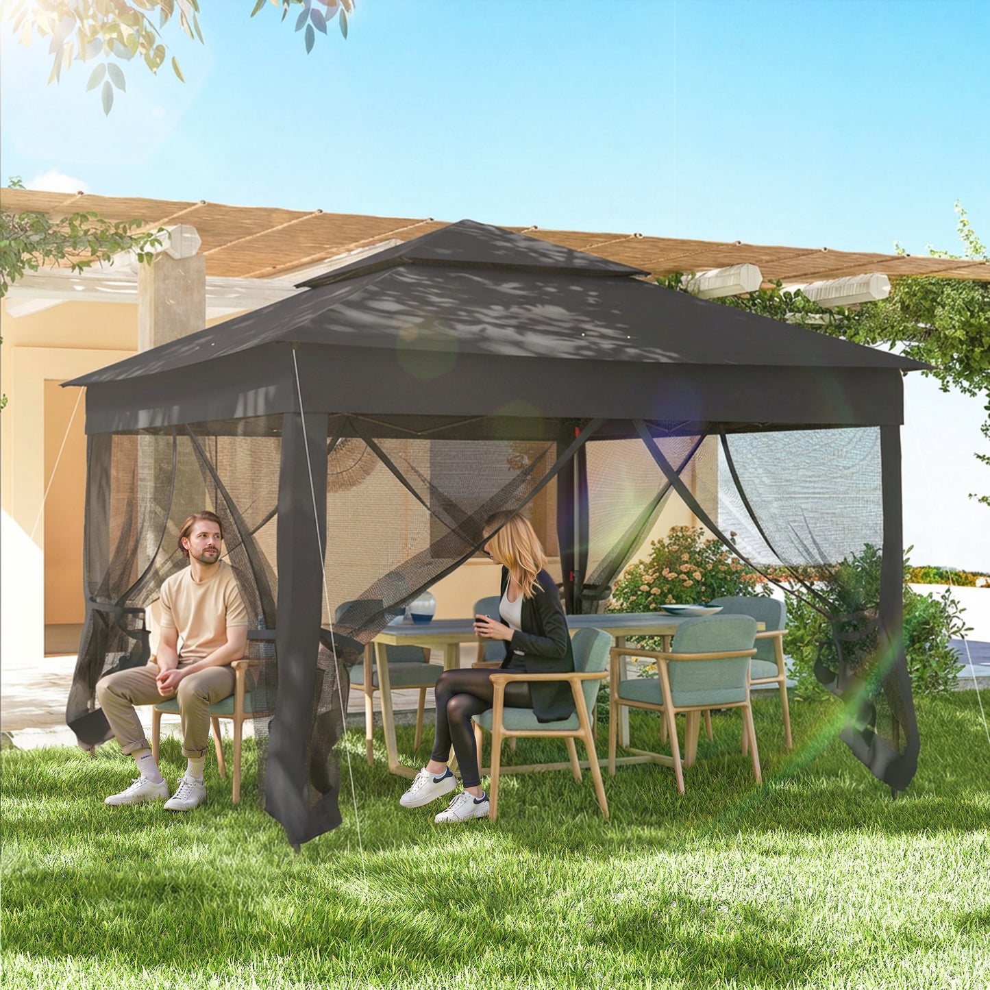 Outsunny 3m by 3m Pop Up Gazebo with Netting and Carry Bag Black Double Roof Garden Shelter for Parties