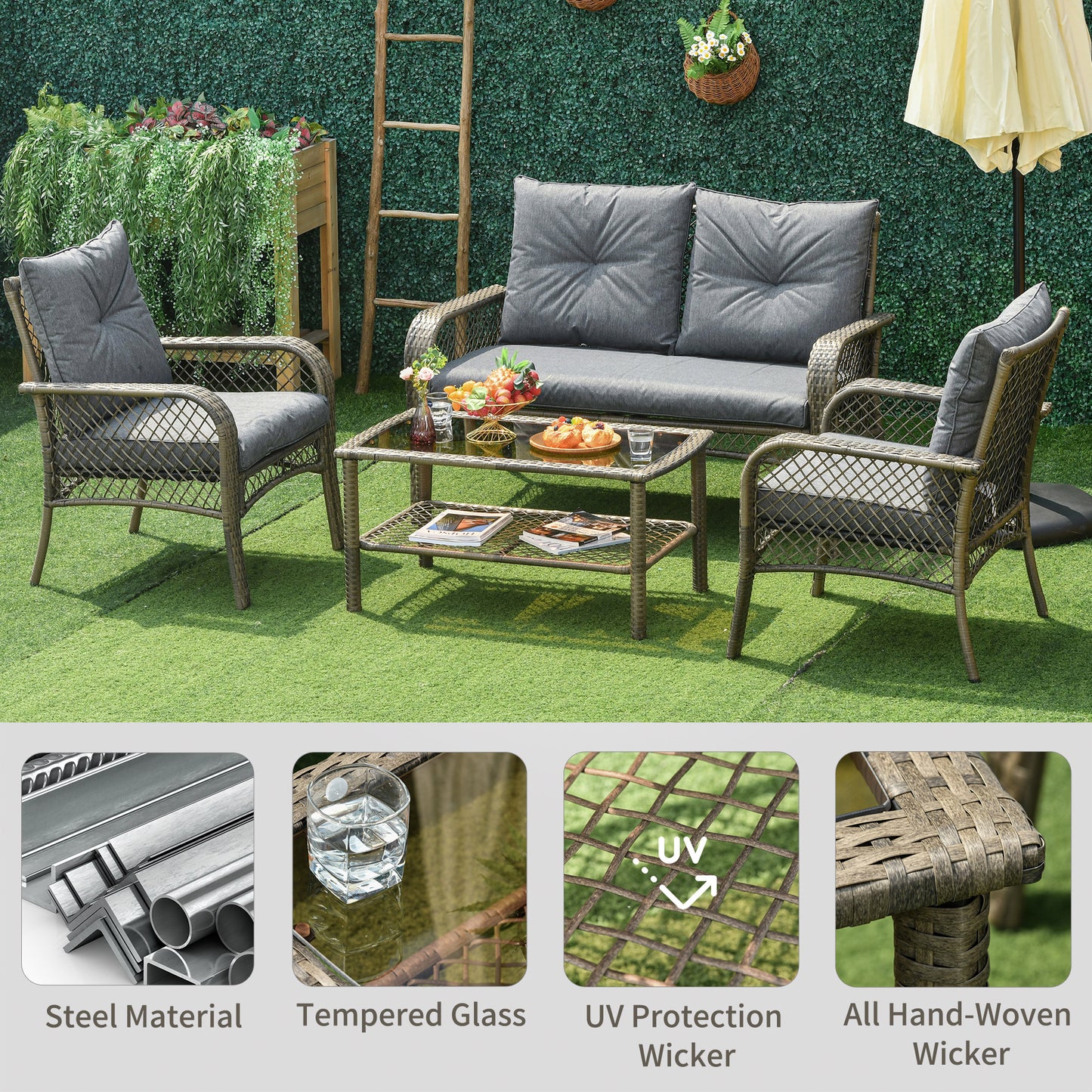 Outsunny 4-Piece Grey Outdoor Rattan Wicker Sofa Set with Cushions and Coffee Table for Garden Patio - ALL4U RETAILER LTD