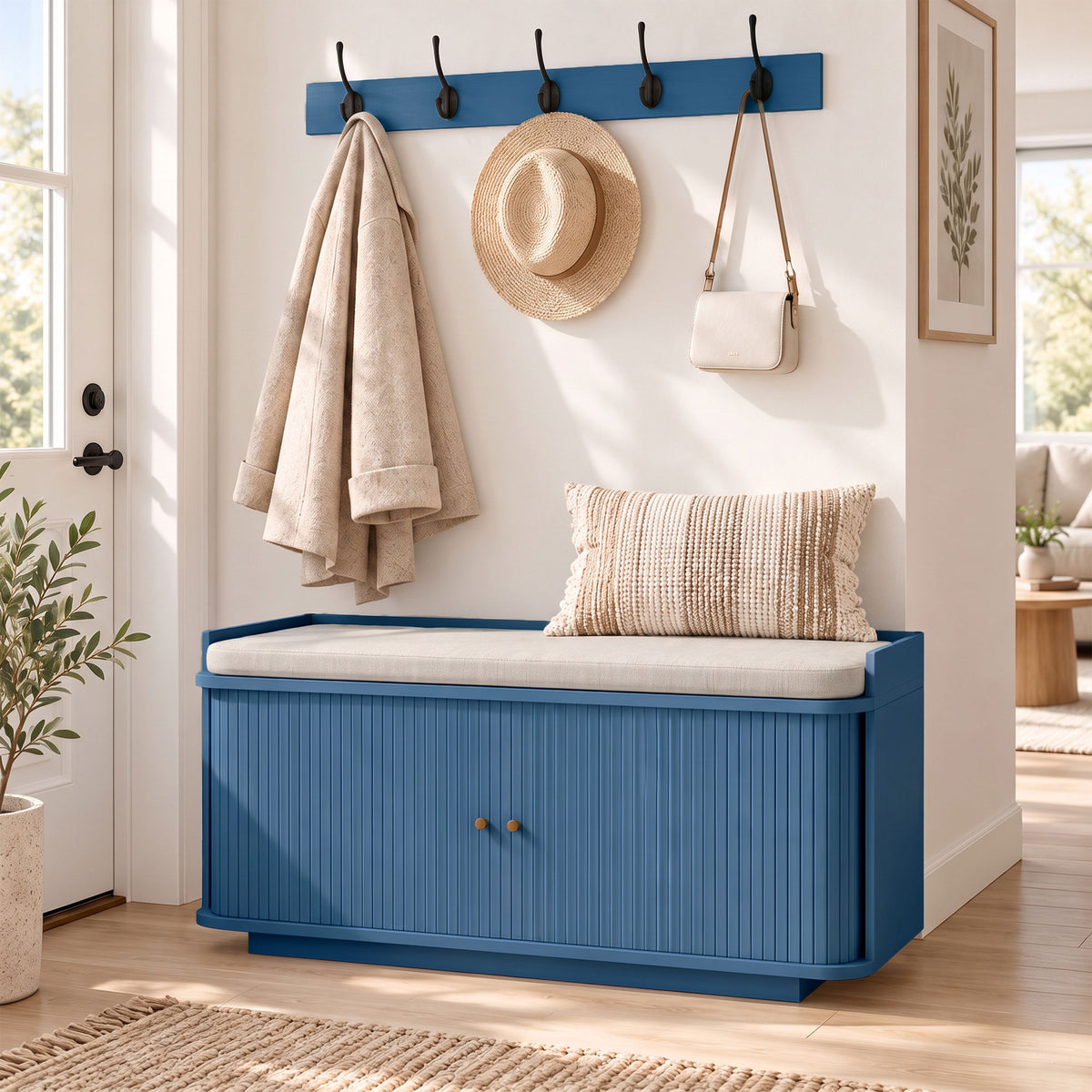 HOMCOM Hallway Storage Unit With Shoe Cabinet Bench And 5 Coat Hooks Blue