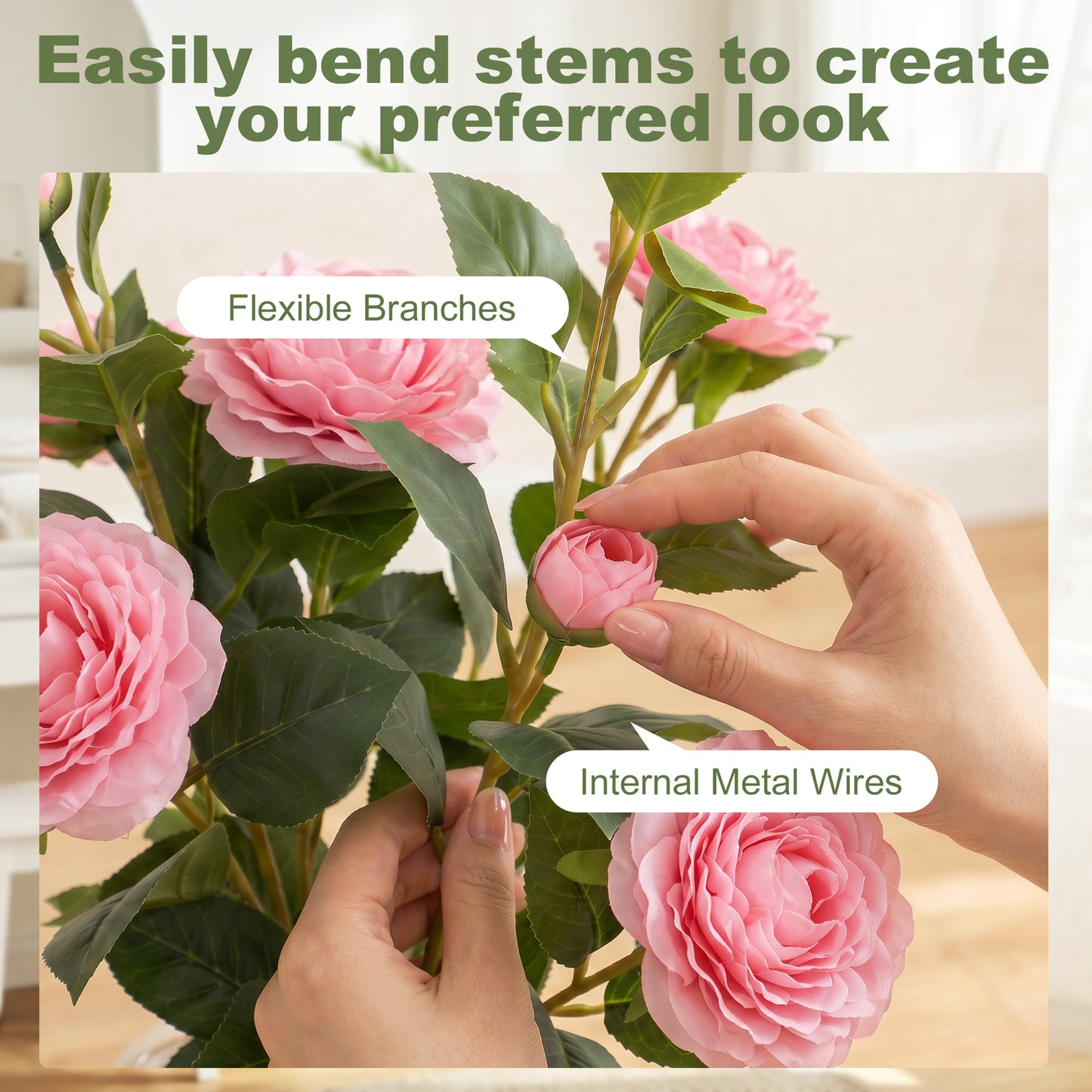 HOMCOM 65cm Artificial Camellia Flower in Pot with 116 Lush Leaves and Moss Effect Weighted Base Pink