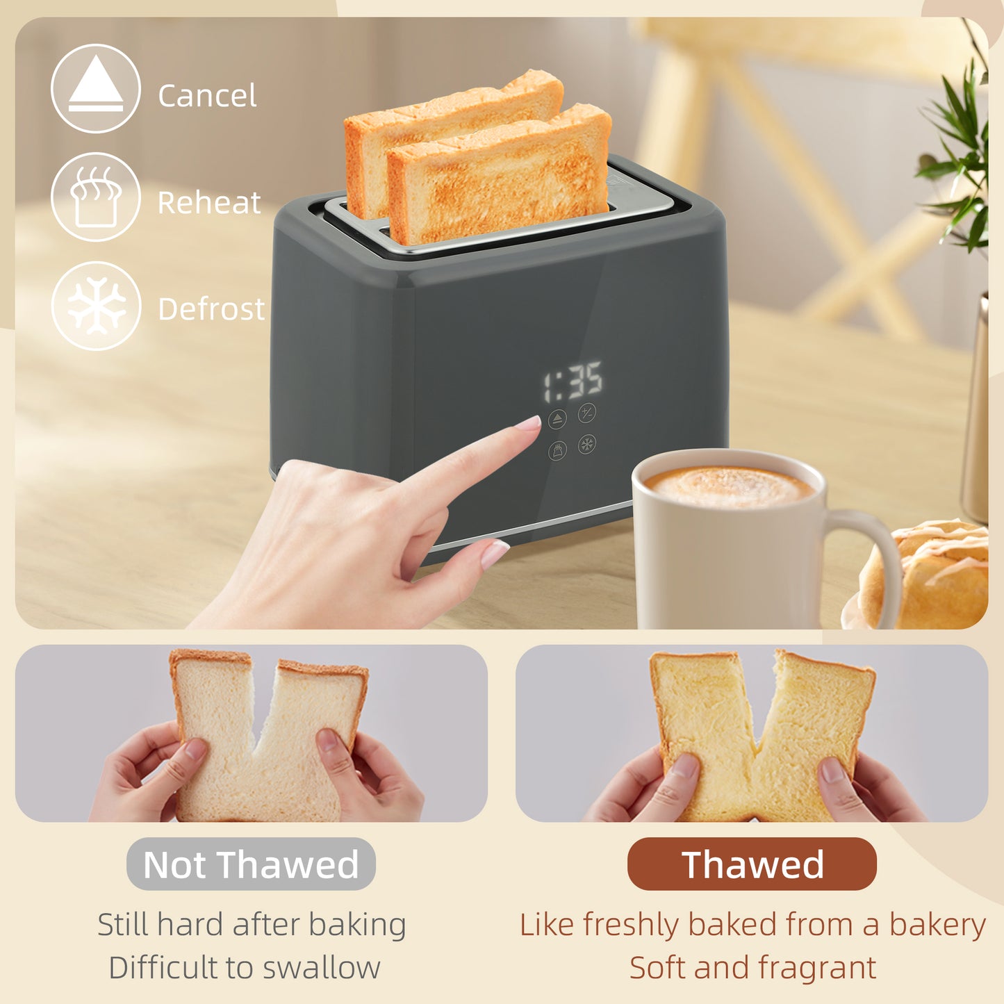 HOMCOM Digital Stainless Steel Kettle And Toaster Set 1.5L 3000W Boil Kettle And 2 Slice Toaster With 7 Browning Levels Grey