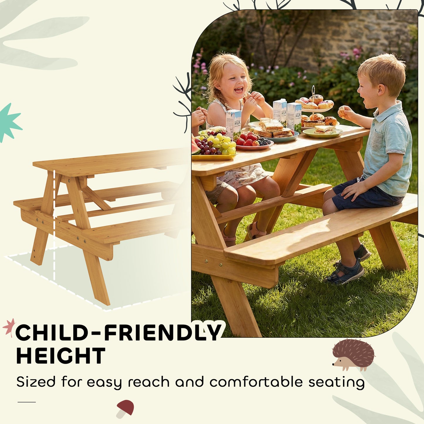 AIYAPLAY Kids Outdoor Picnic Table And Integrated Benches In Solid Fir Wood Natural Finish For Stable A Frame Design