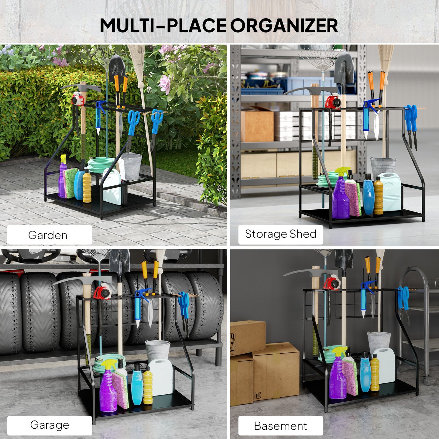 Outsunny 3 Tier Garden Tool Storage Rack With 11 Hooks Holds 20 Tools For Long Handled Brooms Shovels Rakes Garage