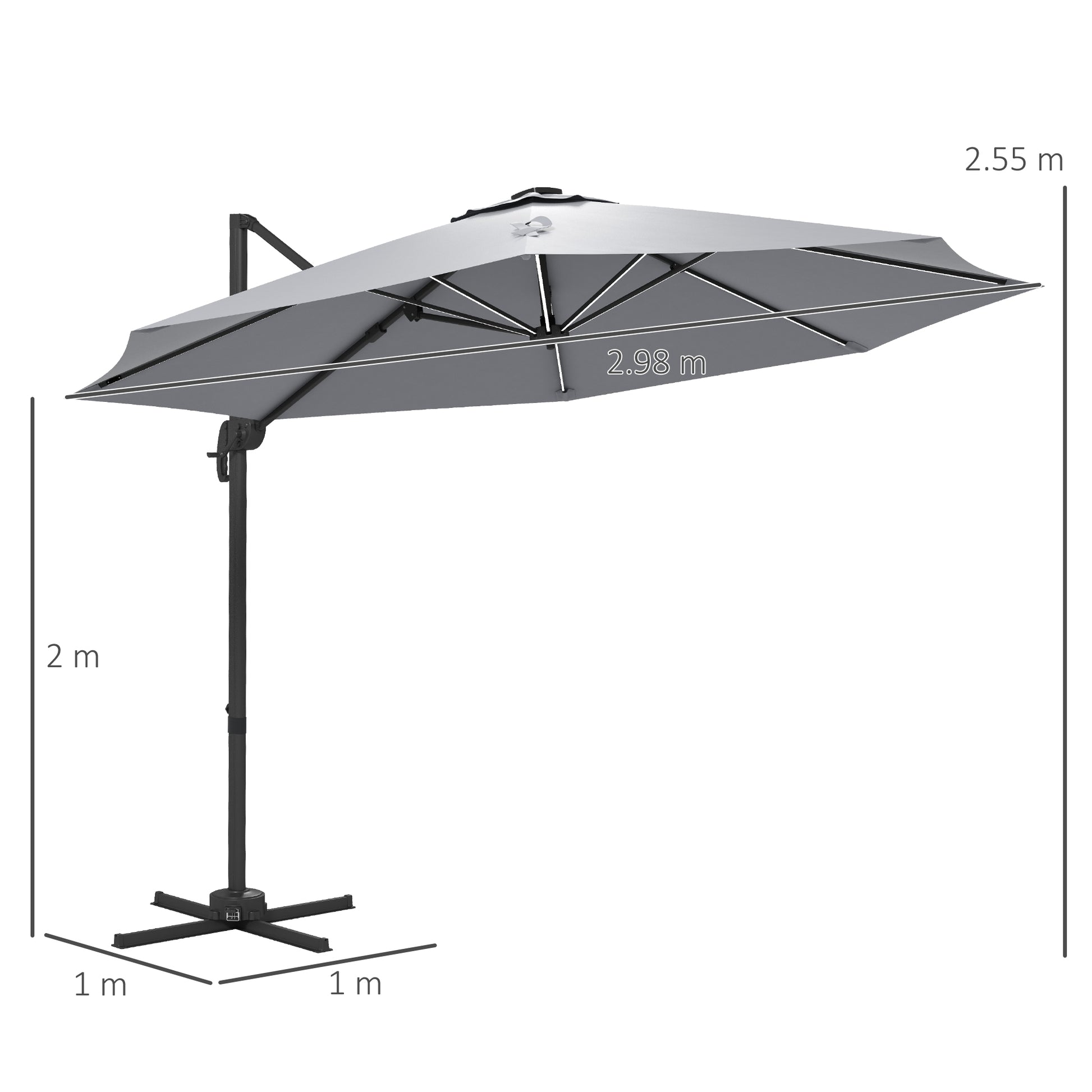 Outsunny 3m Solar-Powered Adjustable Cantilever Umbrella with LED Lights, Light Grey - ALL4U RETAILER LTD