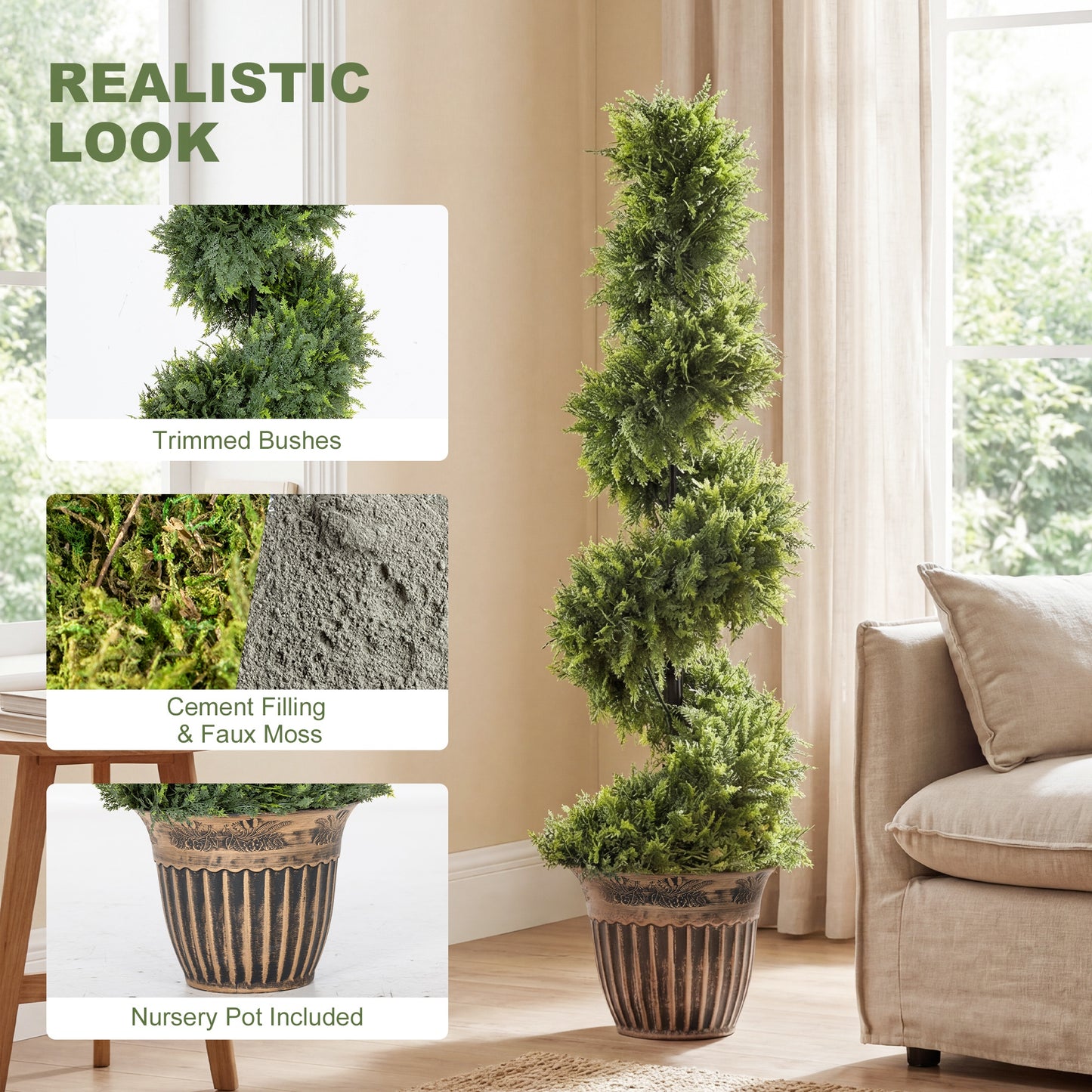 HOMCOM Set of 2 Artificial Topiary Spiral Boxwood Trees with Pots for Indoor Outdoor Decor 120cm