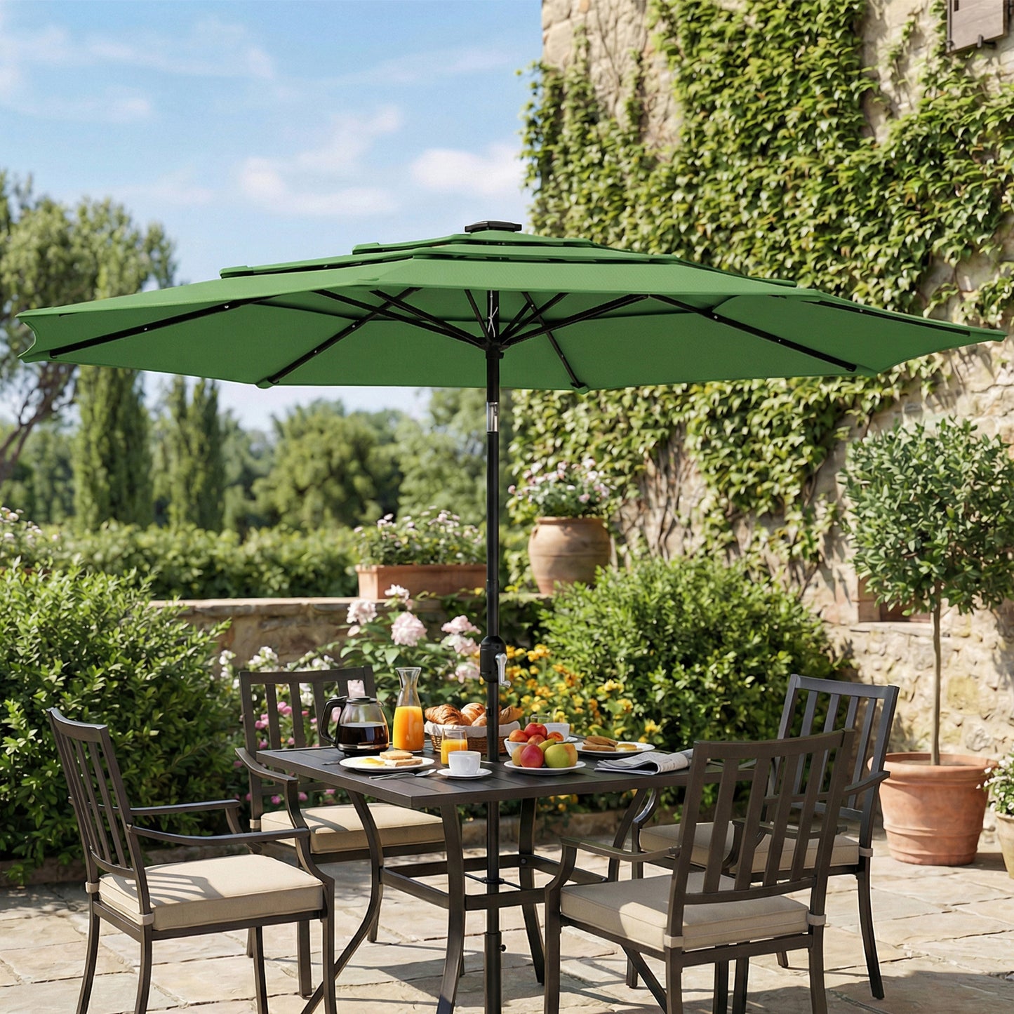 Outsunny Garden Parasol With 3 Tier Roof And Crank Handle Tilt Function Polyester Canopy In Green