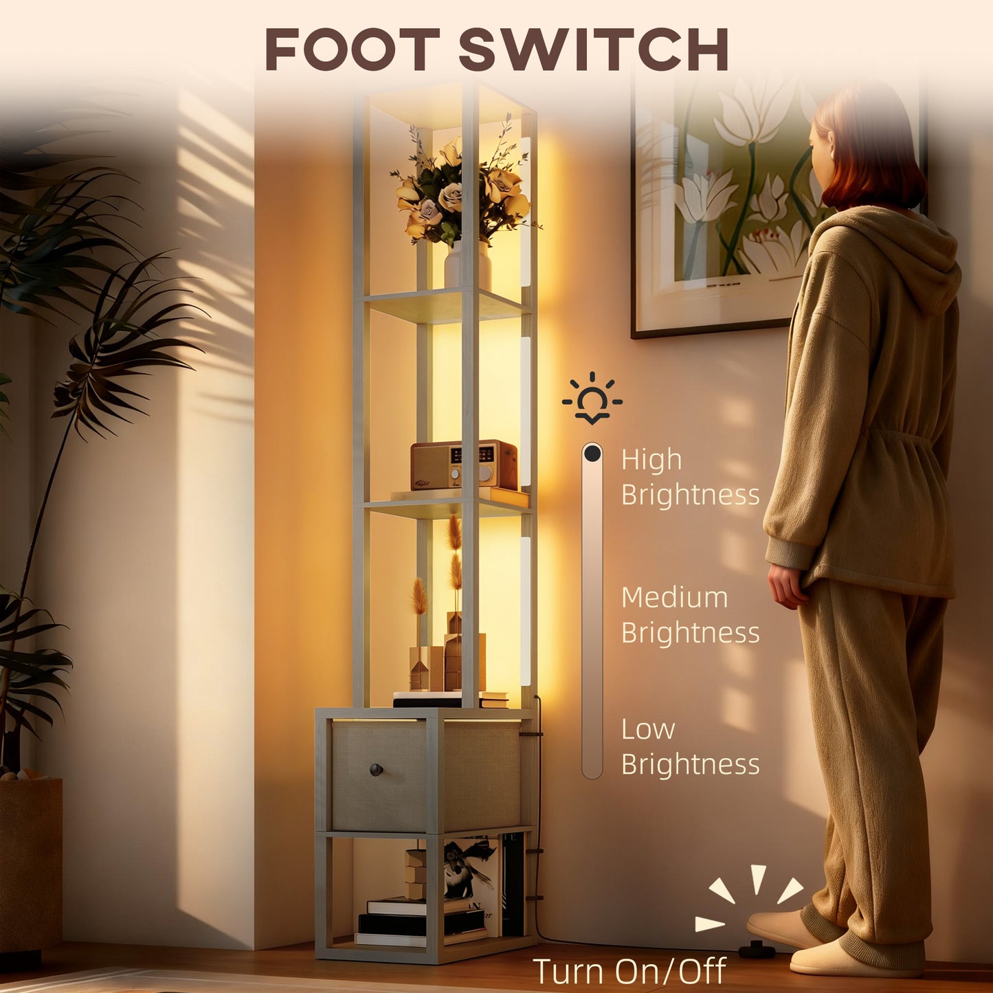 HOMCOM 3 In 1 Floor Lamp With Shelves And Fabric Drawer LED Column Modern Standing Lamp Adjustable Brightness Grey