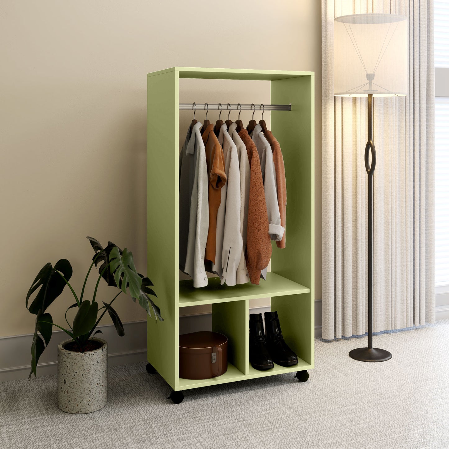 HOMCOM Open Wardrobe On Wheels With Hanging Rail And Two Storage Shelves In Green For Cloakroom And Hallway