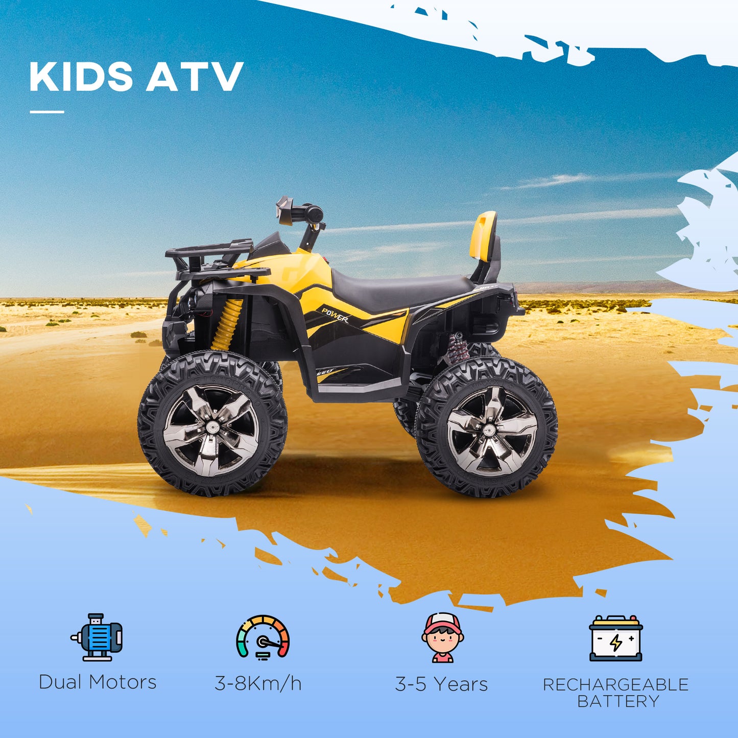 AIYAPLAY Electric 12V Yellow ATV Quad Bike for Kids with LED Lights, Music, and Backrest - ALL4U RETAILER LTD