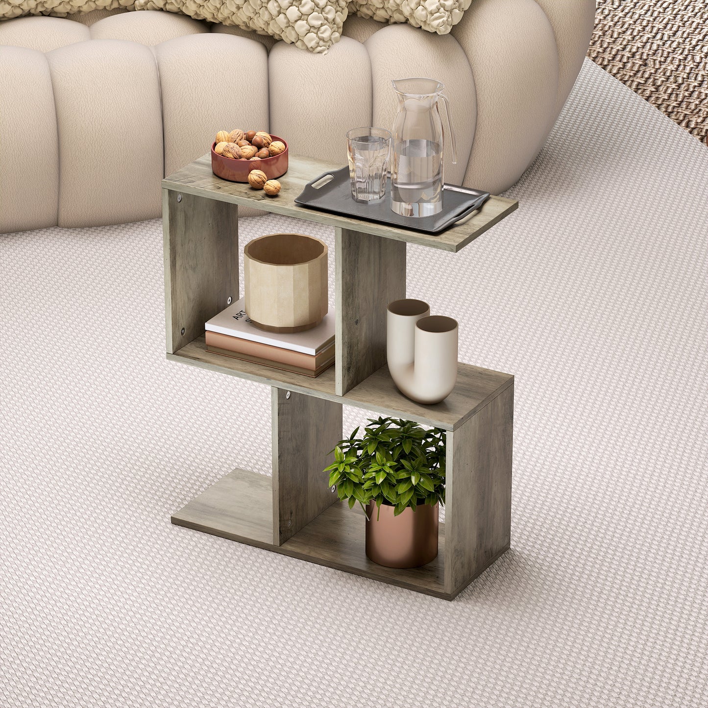 HOMCOM S Shaped Narrow Side Table 3 Tier With Storage Shelves Grey 50W x 19.5D x 58H cm