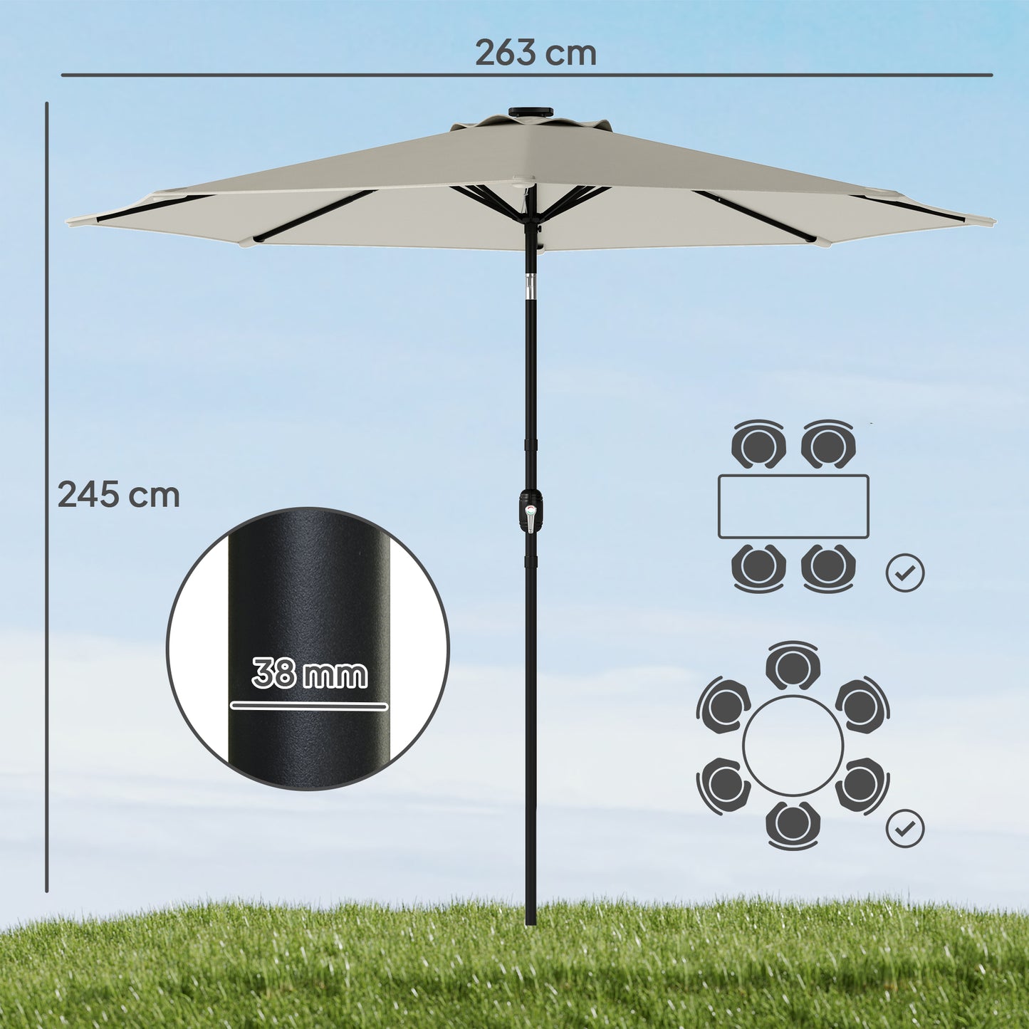 Outsunny 2.6 m Garden Parasol Umbrella With LED Solar Light And Cover For Patio Outdoor Market Umbrella Light Grey