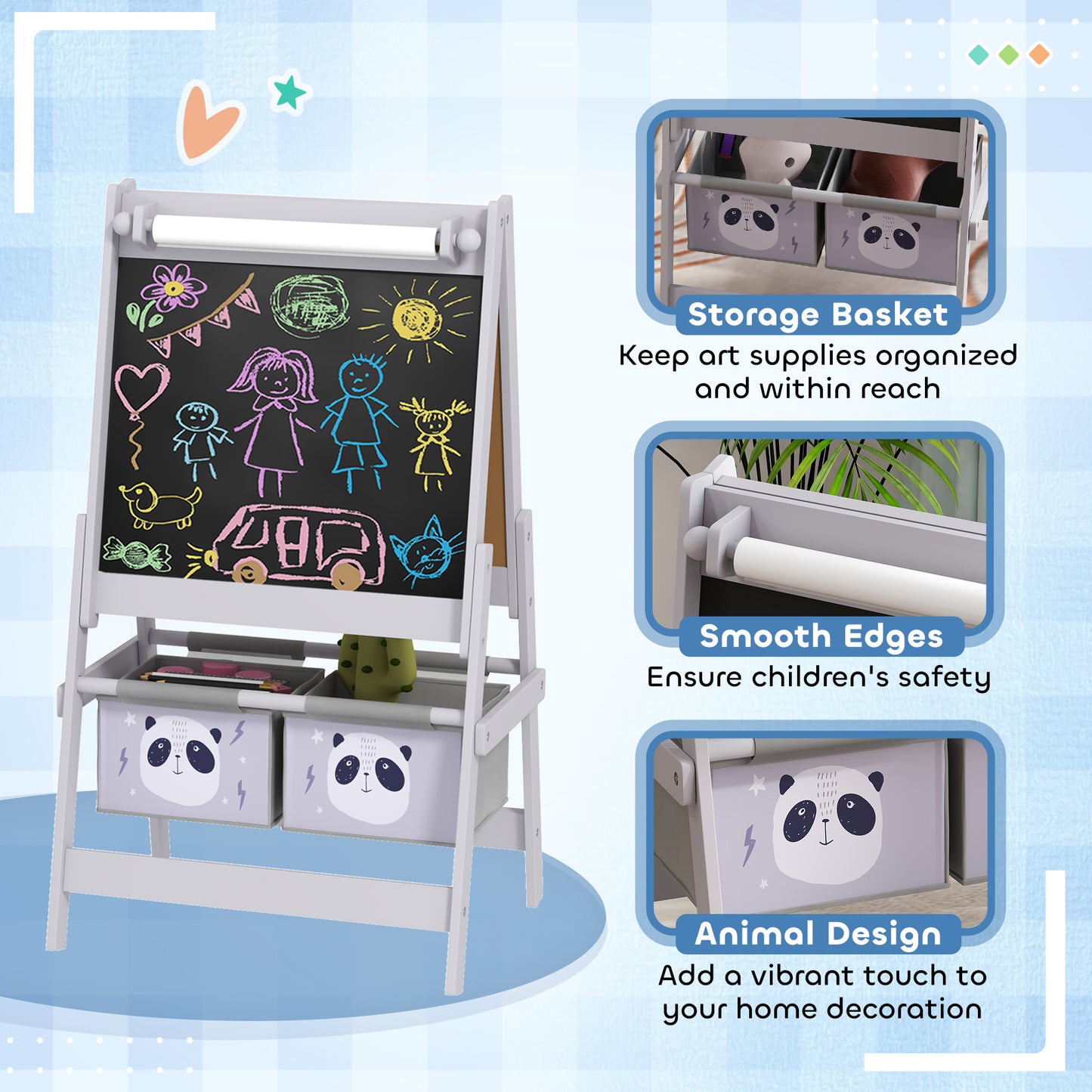 Zonekiz Kids Table And Chairs With Storage Unit And Easel Set, Cute Animal Design Activity Furniture For Ages 3-8 Grey