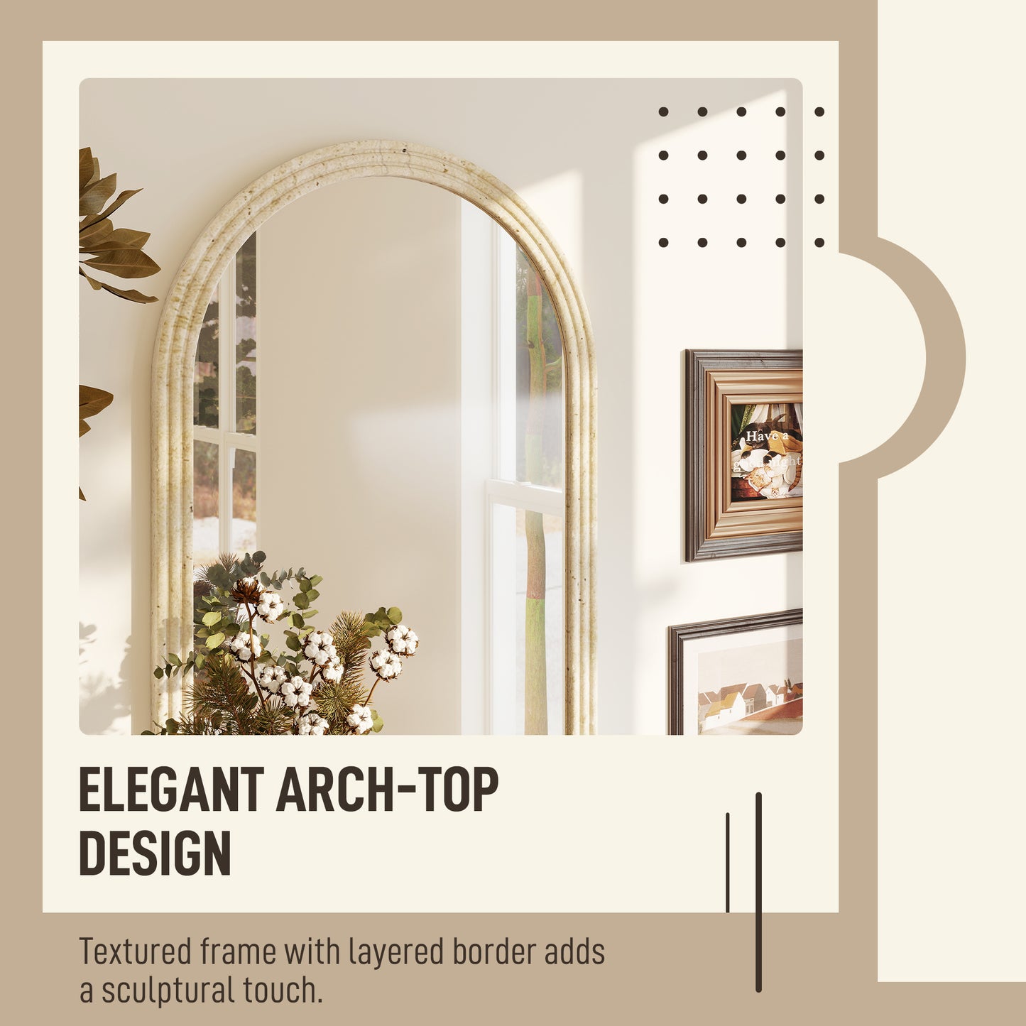 HOMCOM Arched Wall Mirror With Grooved Edge And Hooks Wall Mounted Modern Tempered Glass Beige