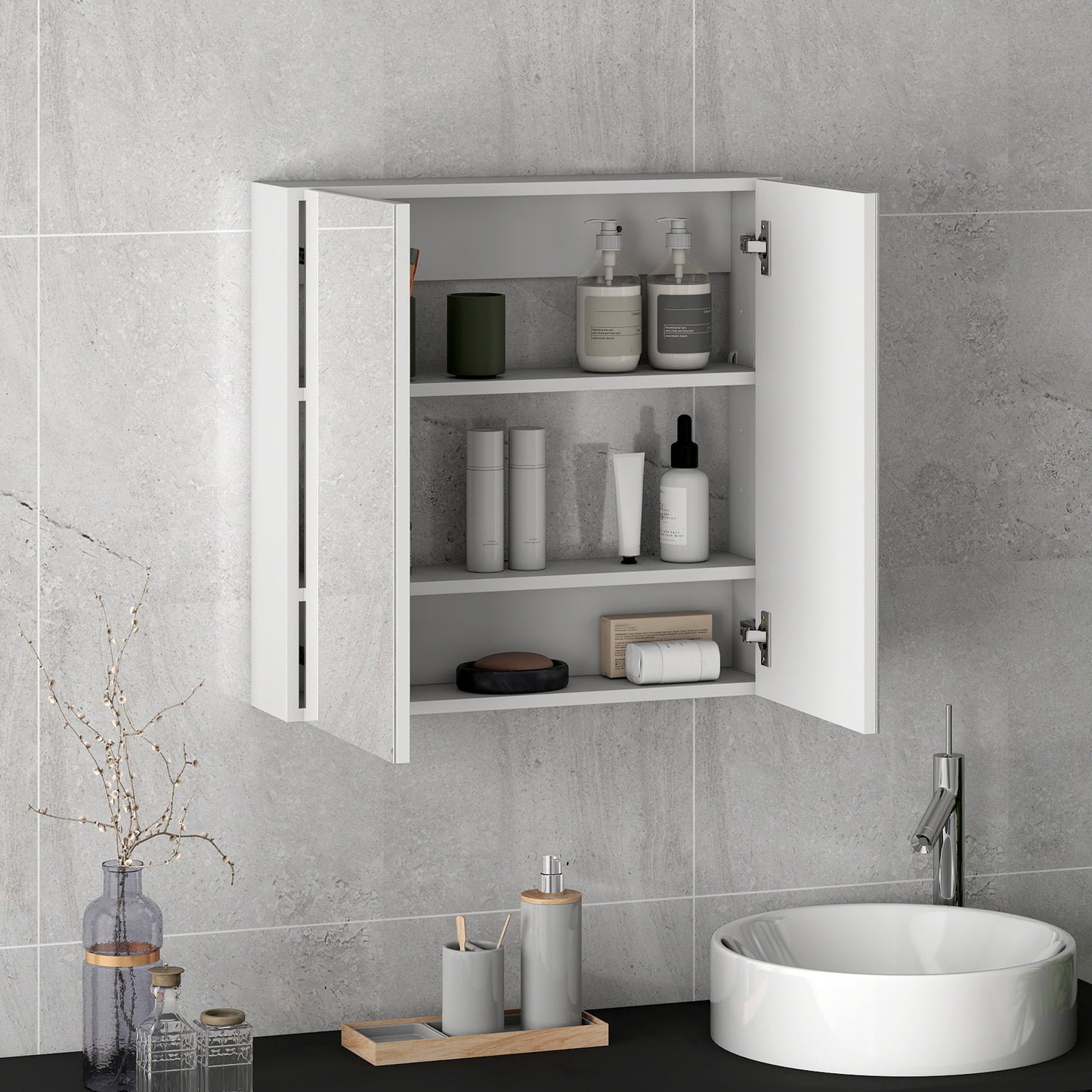 HOMCOM 60 x 15 cm White Double Door Wall Mounted Bathroom Mirror Cabinet With Adjustable Shelves