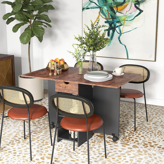 HOMCOM Folding Dining Table With Drop Leaves For Small Spaces Drawer And Storage Shelves Rustic Brown Finish