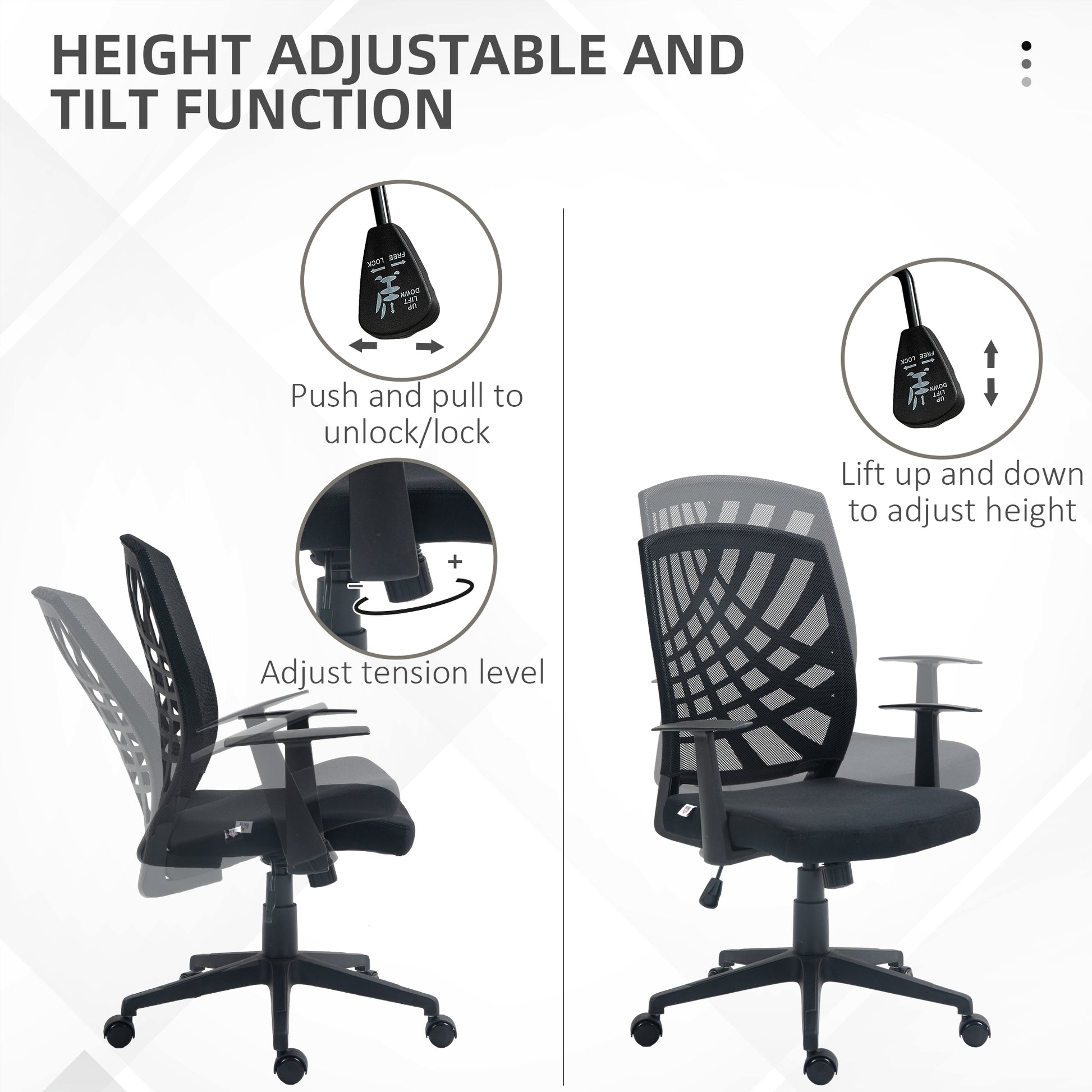 Vinsetto Adjustable Ergonomic Mesh Office Chair with Swivel Wheels for Home Workspace, Black - ALL4U RETAILER LTD