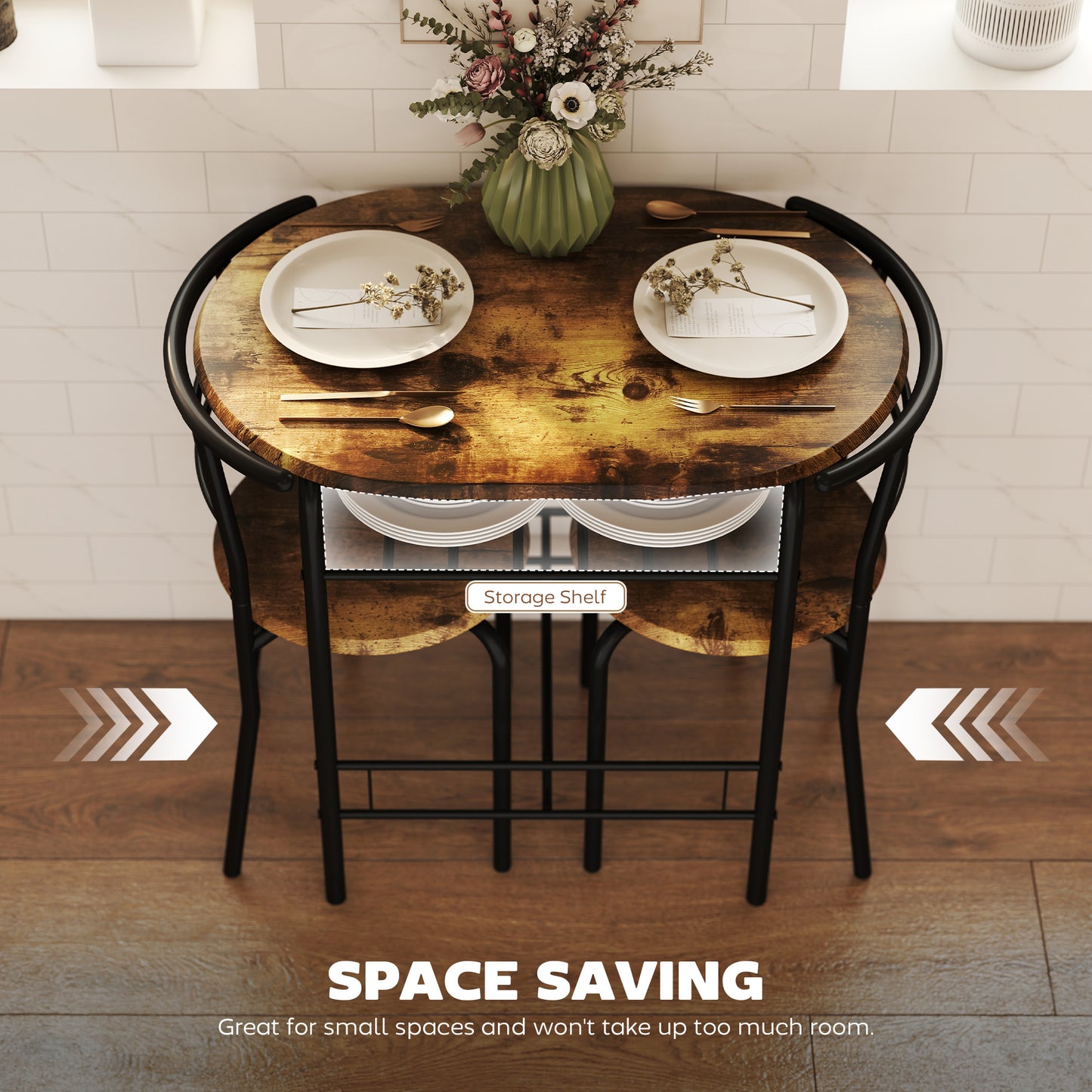 HOMCOM Three Piece Compact Dining Set With Two Chairs And Table In Rustic Brown Metal Frame And MDF Tops Space Saving