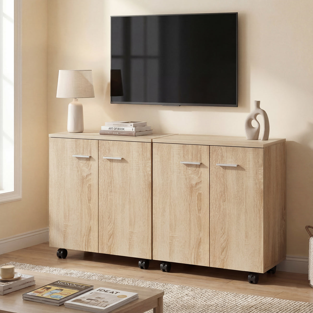 Mobile sideboard cabinet with 2 doors, metal pulls, and caster wheels