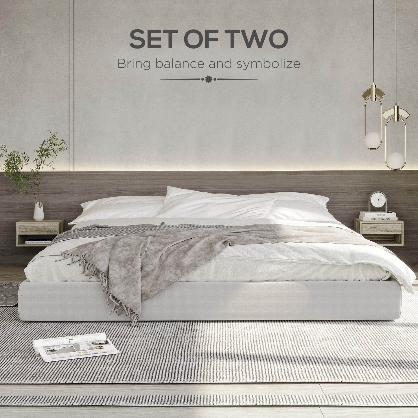 Set of 2 Wall-Mounted Floating Nightstands with Drawer and Shelf in Brown Wood Finish - ALL4U RETAILER LTD