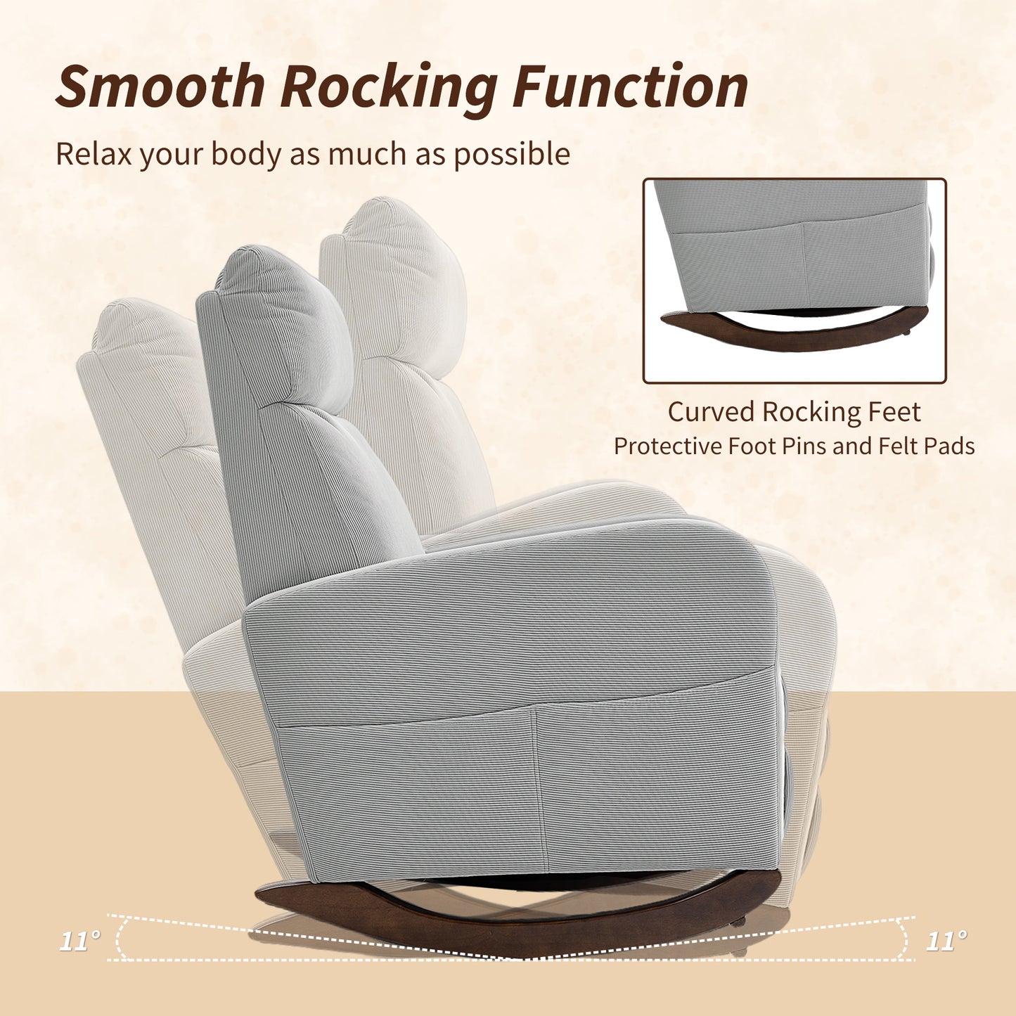HOMCOM Corduroy Rocking Armchair Grey With Plush Padding And Gentle 11 Degree Rocking Base
