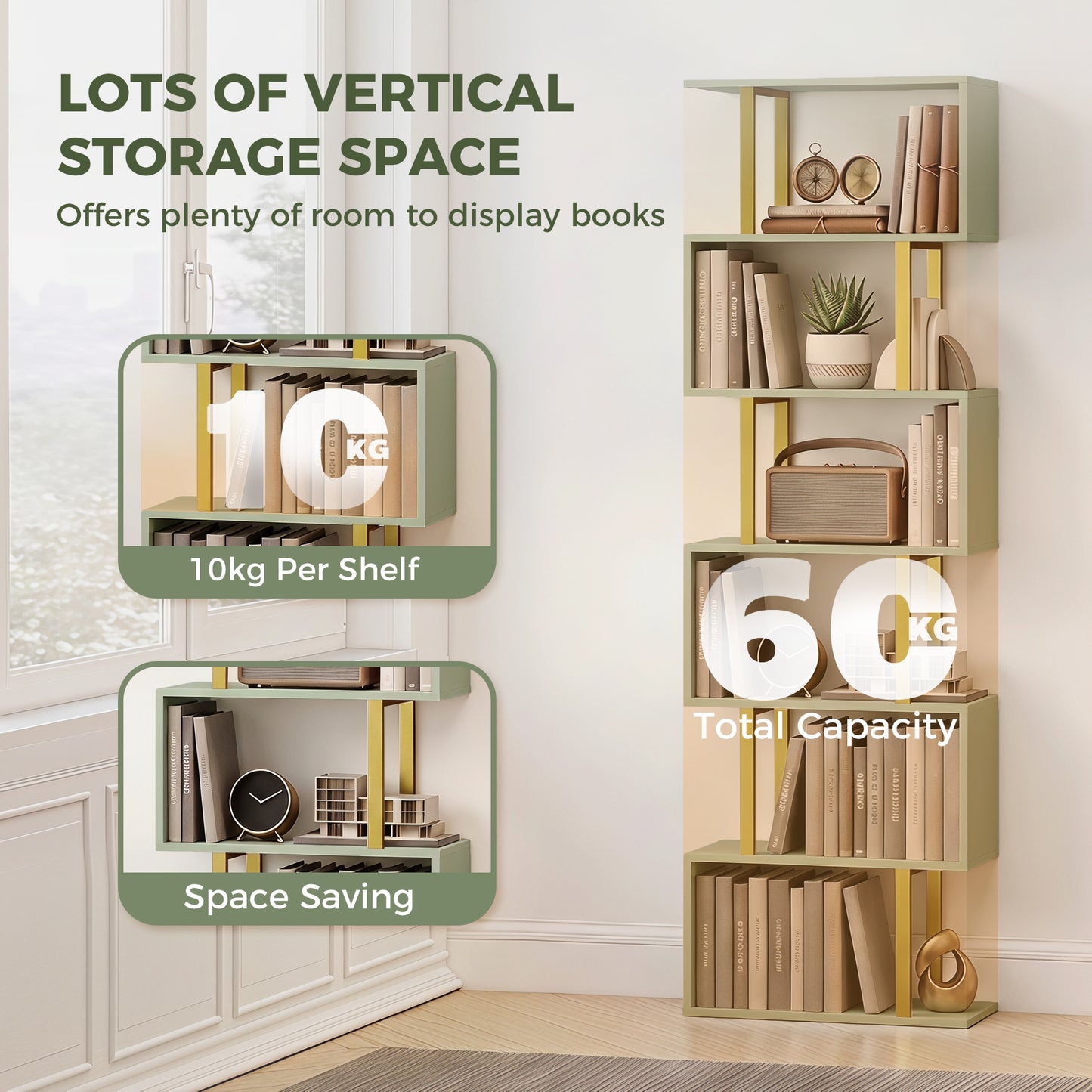 HOMCOM S Shaped Bookshelf 5 Tier Freestanding Storage Shelves With Anti Tip Strap For Living Room Light Green