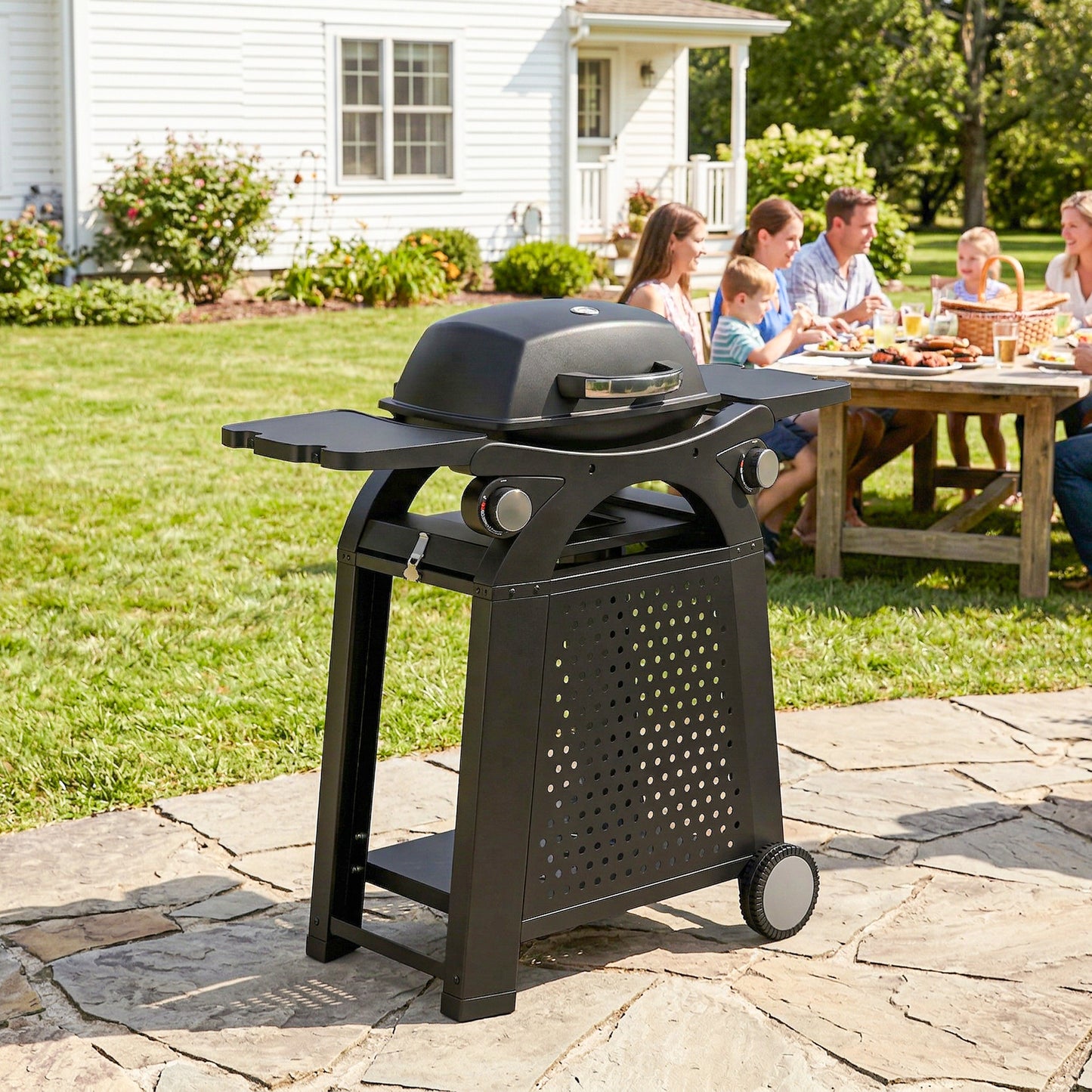 Outsunny 2 Burner Gas Grill With Side Tables And Cast Iron Grates, 3.8 KW Portable Tabletop BBQ With Wheels
