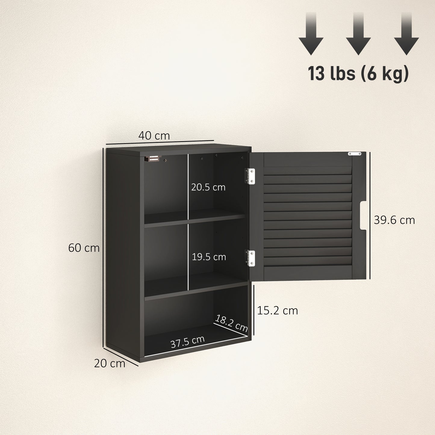 HOMCOM Wall Mounted Bathroom Cabinet With Adjustable Shelves Black 40 x 20 x 60 cm Space Saving Storage