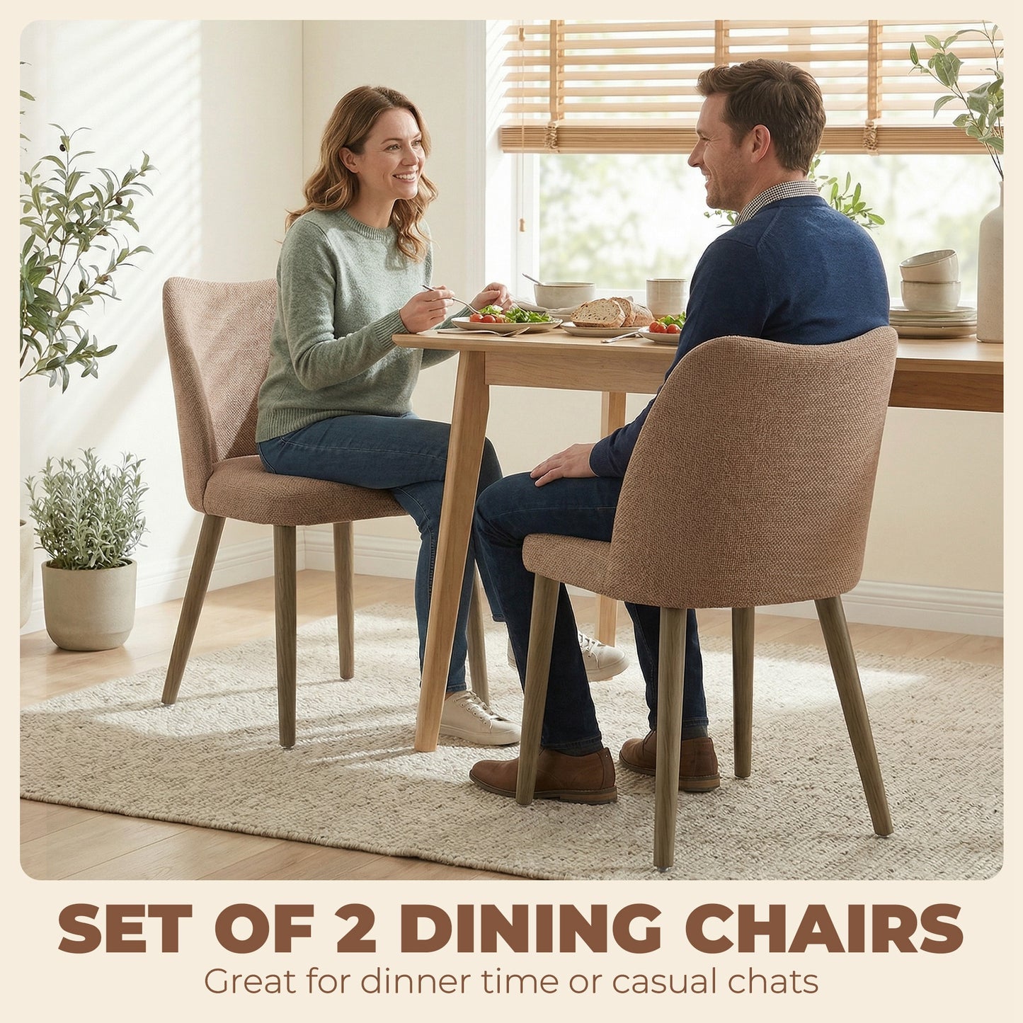 HOMCOM Dining Chairs Set of 2 Linen Upholstered Kitchen Chairs Padded Seat Curved Backrest Rubberwood Legs Brown