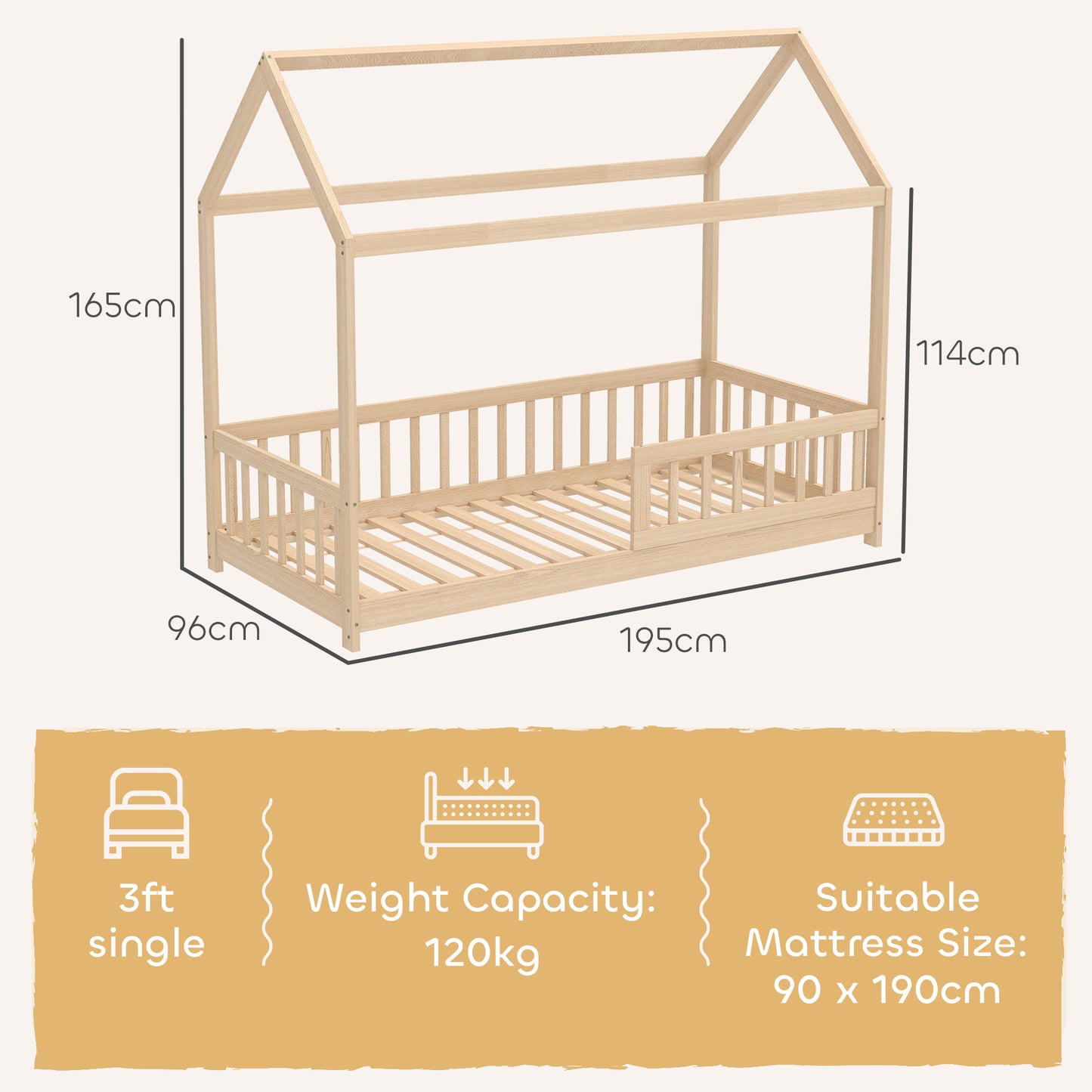 HOMCOM House Shaped Kids Bed Frame With Guard Rails Made From Solid Pine Wood Natural Finish Single Bed