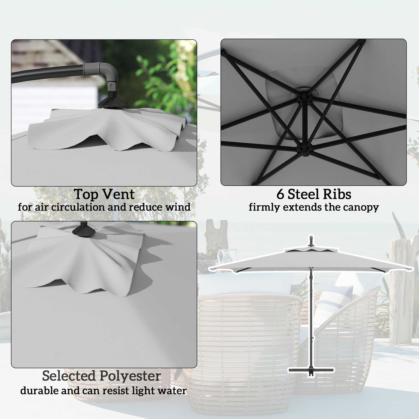 Outsunny 3m Cantilever Parasol With Cross Base Light Grey Crank Handle For Easy Opening And Closing