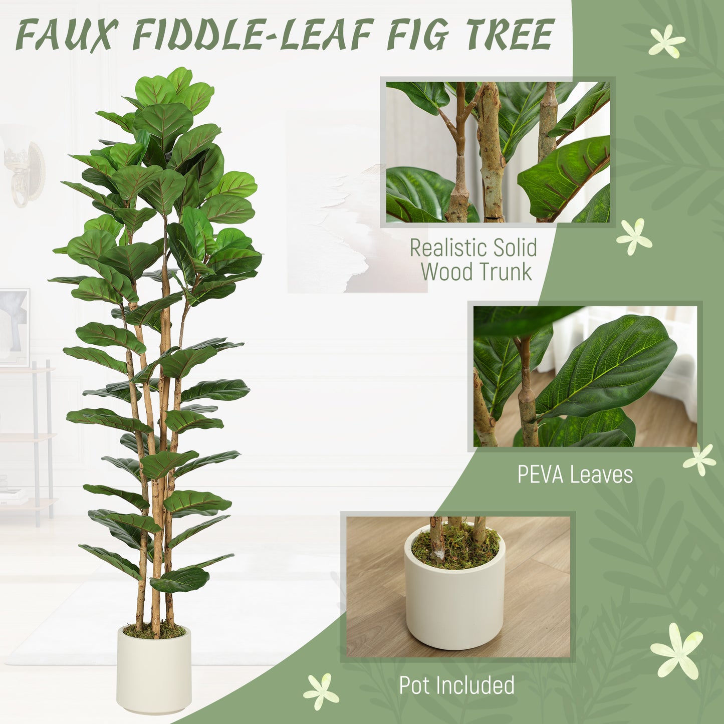 Homcom 180cm Artificial Fiddle Leaf Fig Tree Green Realistic Leaves Maintenance Free Home Decor