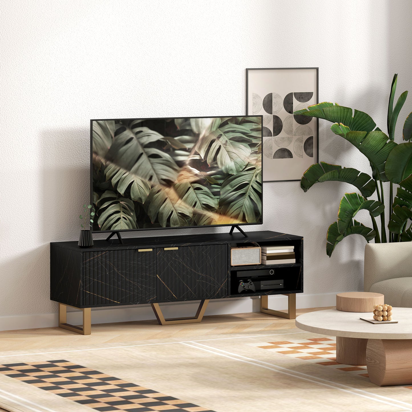 HOMCOM Marble Effect TV Unit For Up To 70 Inch TVs Black With Fluted Doors Shelves Storage Cupboard And Cable Management