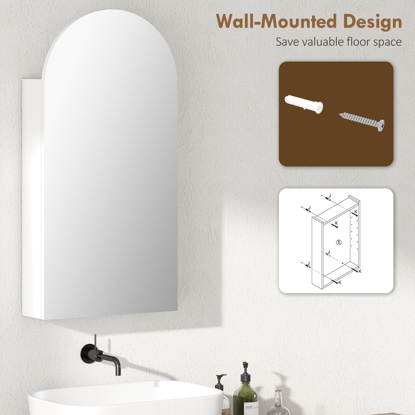 HOMCOM Arched Frameless Bathroom Mirror Cabinet With Adjustable Glass Shelves White