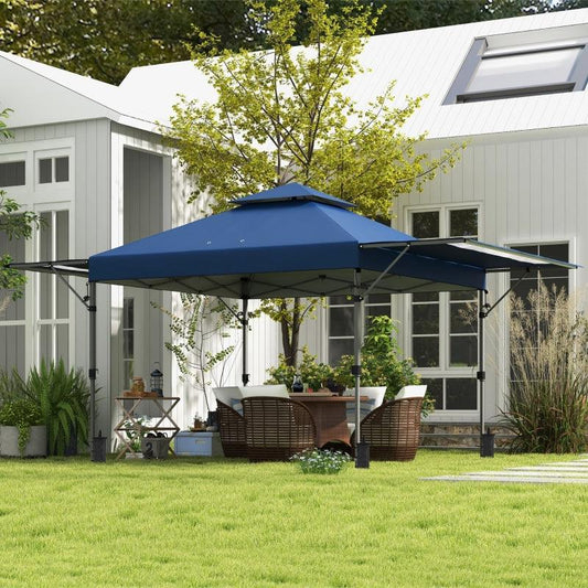 Outsunny 5x3m Pop Up Gazebo with Extendable Dual Awnings - Easy Up Marquee Party Tent, 1-Button Push, Double Roof, Wheeled Bag, Sandbags, Height Adjustable - Instant Shelter in Blue - ALL4U RETAILER LTD