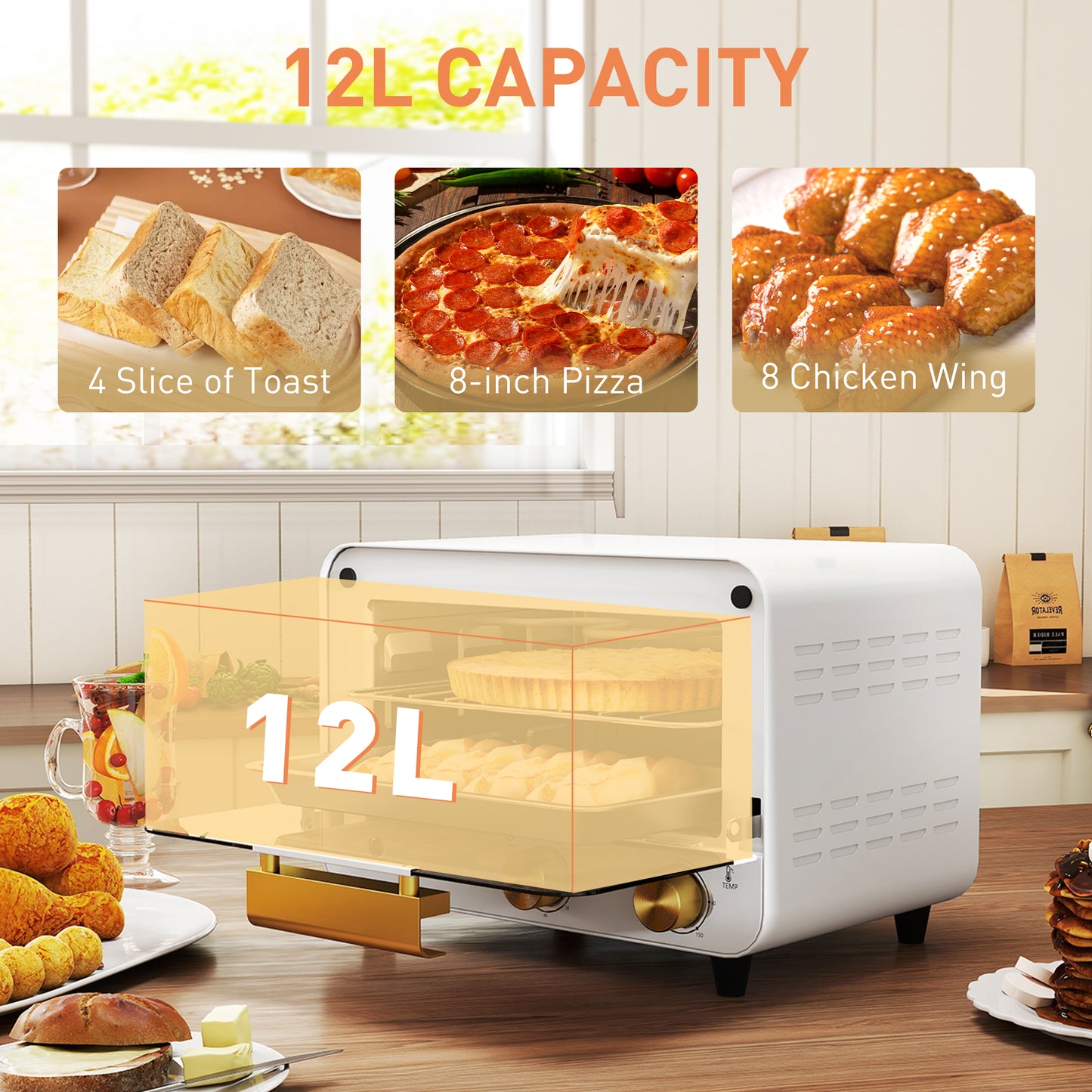 Homcom 12L Multifunction Countertop Toaster Oven With Glass Door 750W Adjustable Temperature And Timer White