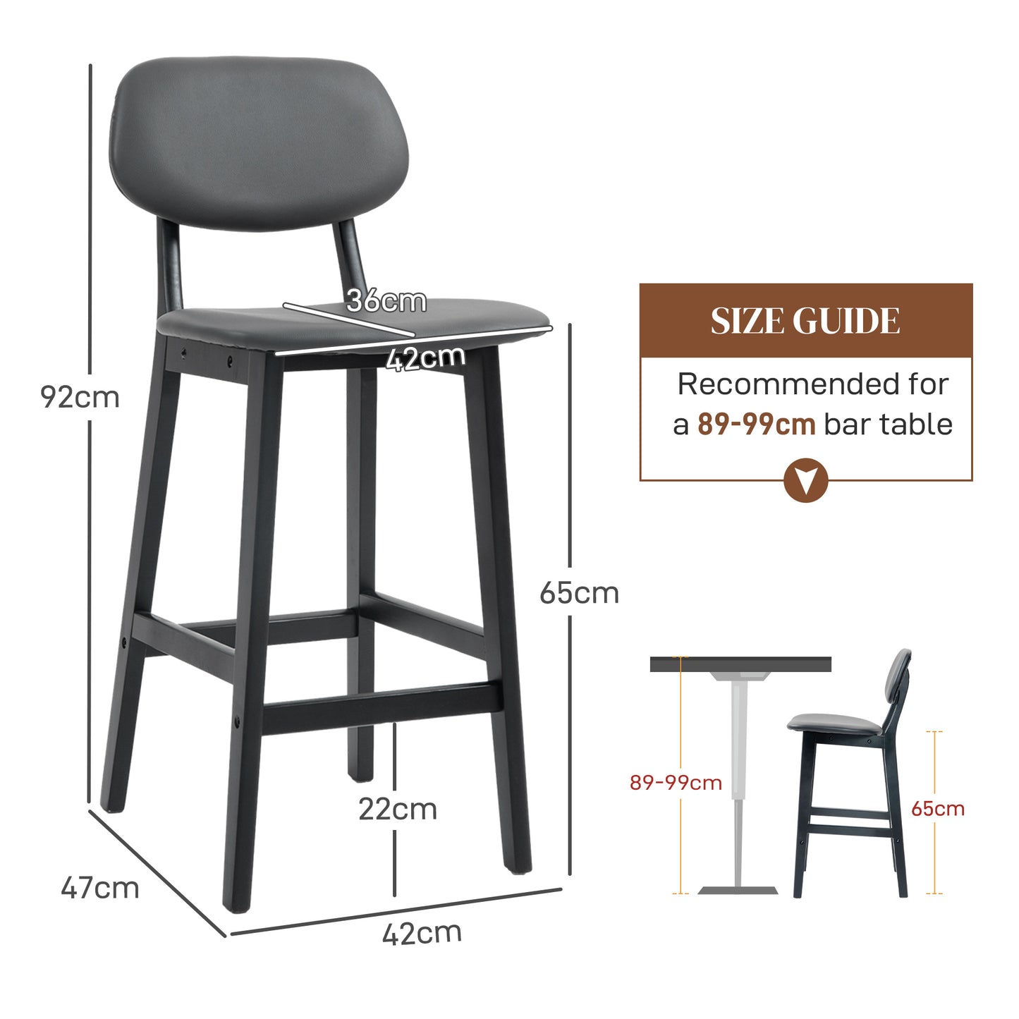 HOMCOM Set of 2 Modern Dark Grey Faux Leather Bar Stools with Backrest and Wooden Legs - ALL4U RETAILER LTD