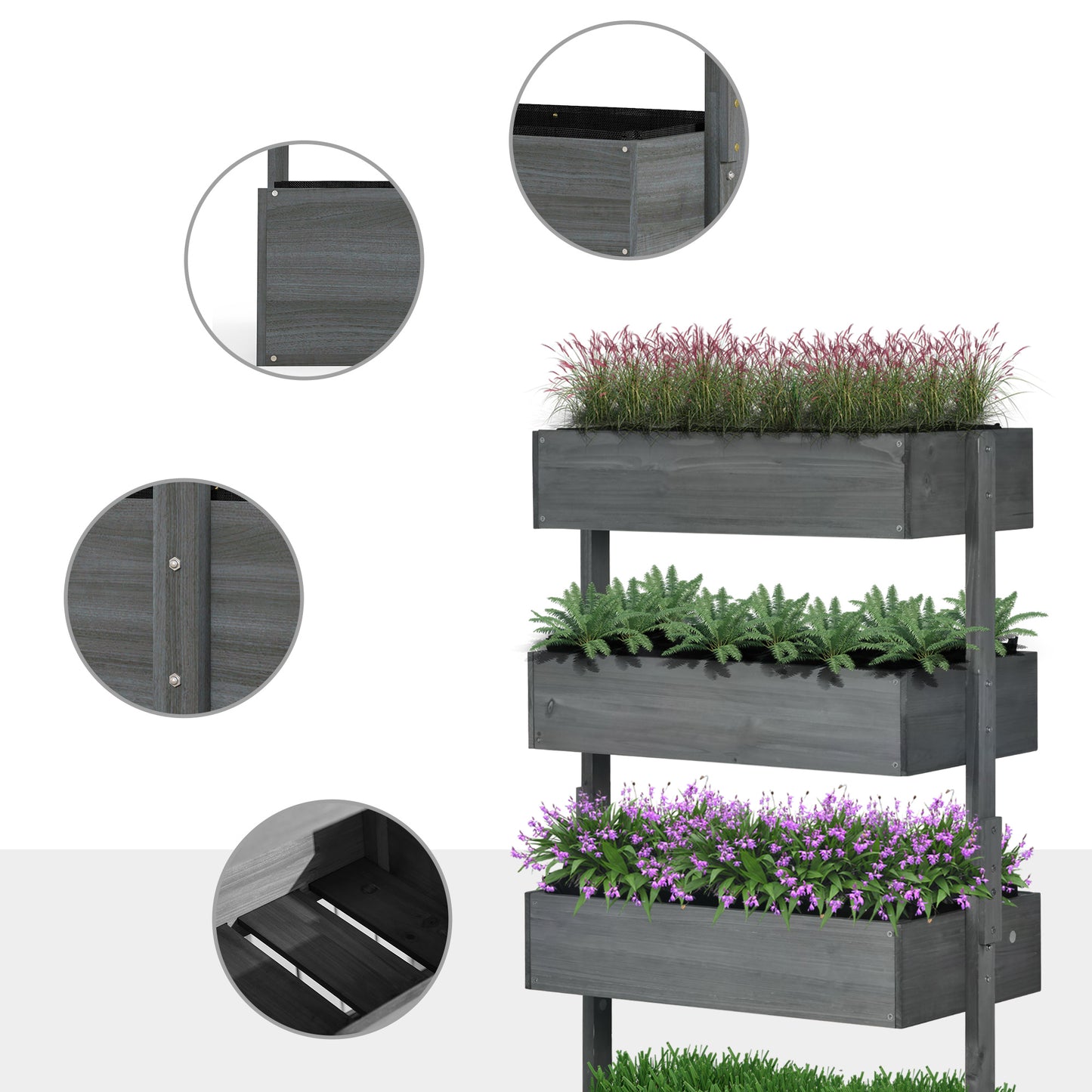 Outsunny Four Tier Wooden Plant Stand With Four Planter Boxes Grey Fir Wood Weather Resistant Garden Decor