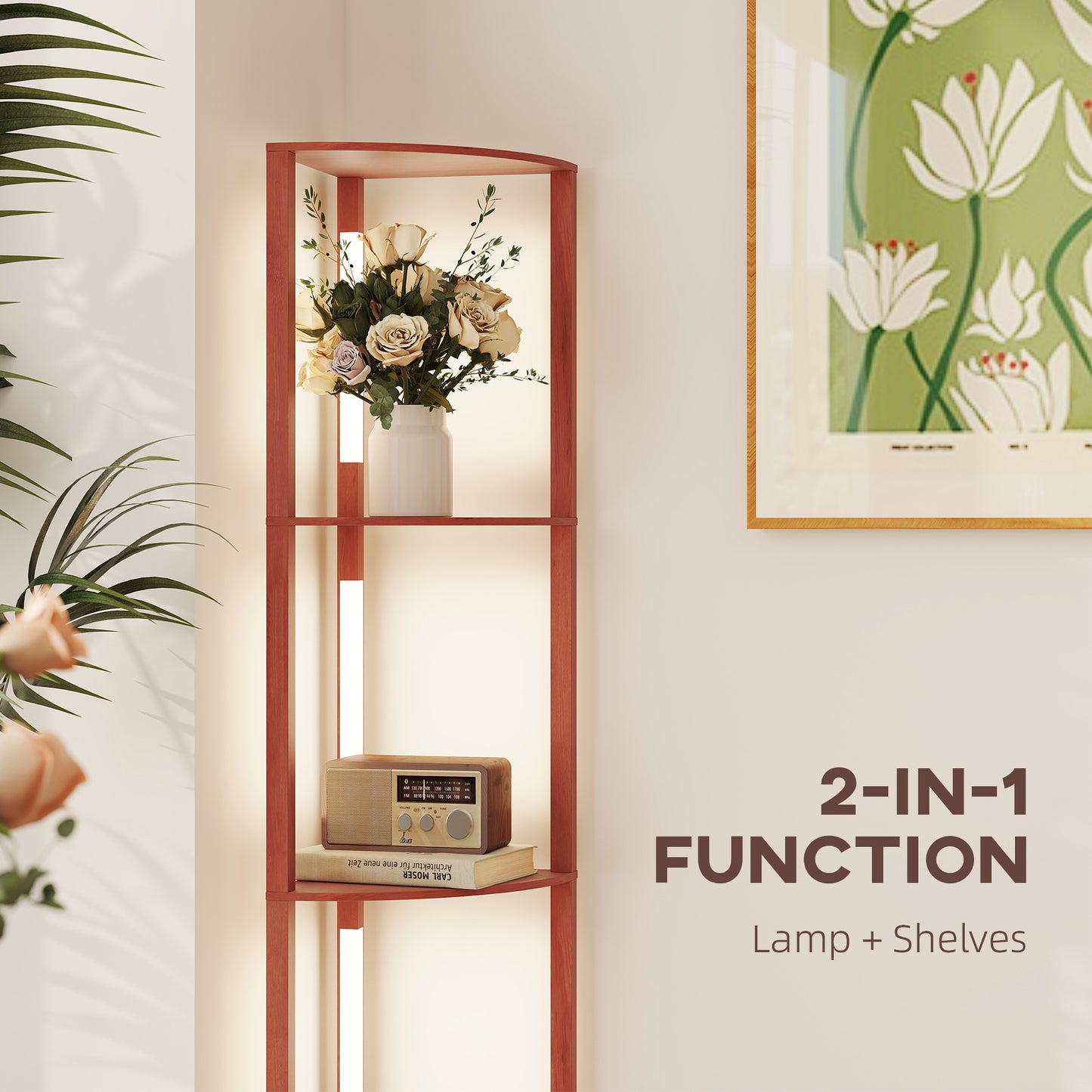 HOMCOM Corner Floor Lamp for Living Room and Bedroom with Dimmable Warm White LED Modern Tall Standing Lamp in Brown