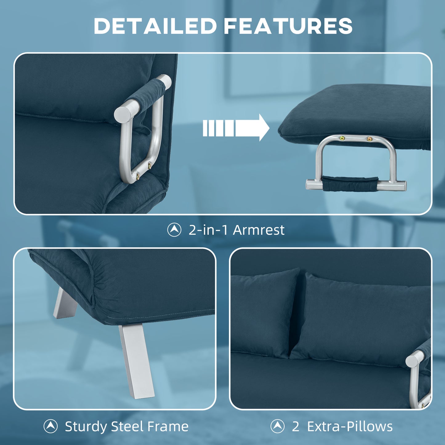 HOMCOM Two Seater Click Clack Sofa Bed Navy Blue With Adjustable Back And Faux Suede Upholstery