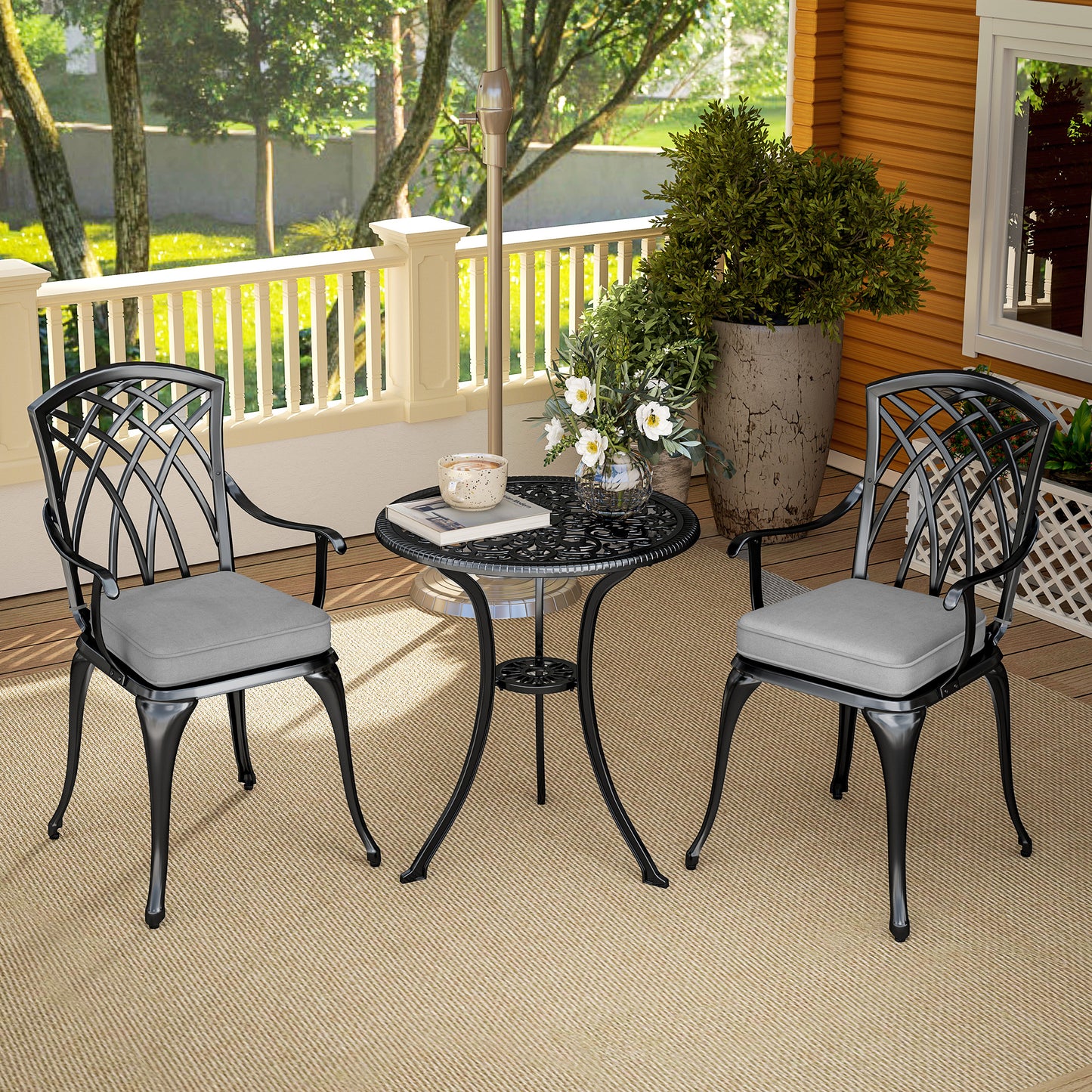 Outsunny Three Piece Cast Aluminium Bistro Set With Parasol Hole 45mm And Cushioned Seats Black