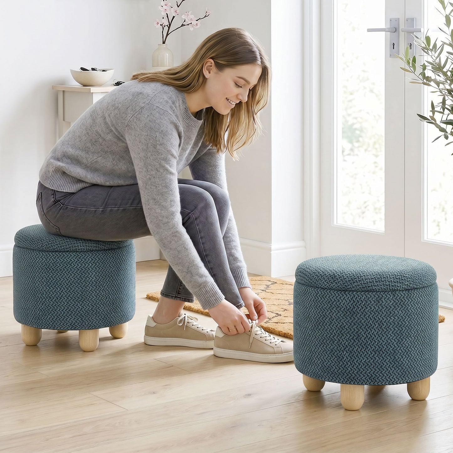 HOMCOM Round Storage Ottoman Bench With Lid Dark Blue Upholstered Footrest And Tabletop Rubberwood Legs