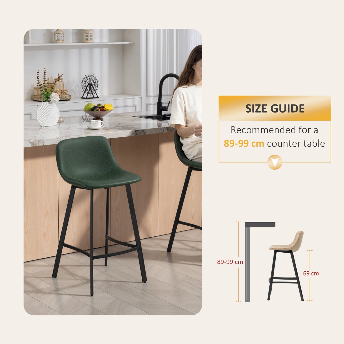 HOMCOM Bar Stools Set 2 PU Leather Backrest Footrest for Kitchen Counter Breakfast Bar Green