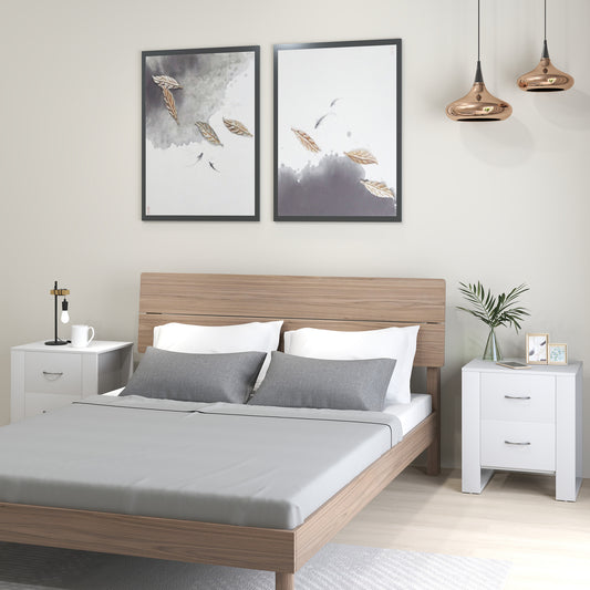 HOMCOM Bedside Table Set Of 2 With 2 Drawers And Handles Elevated Base White Melamine Finish