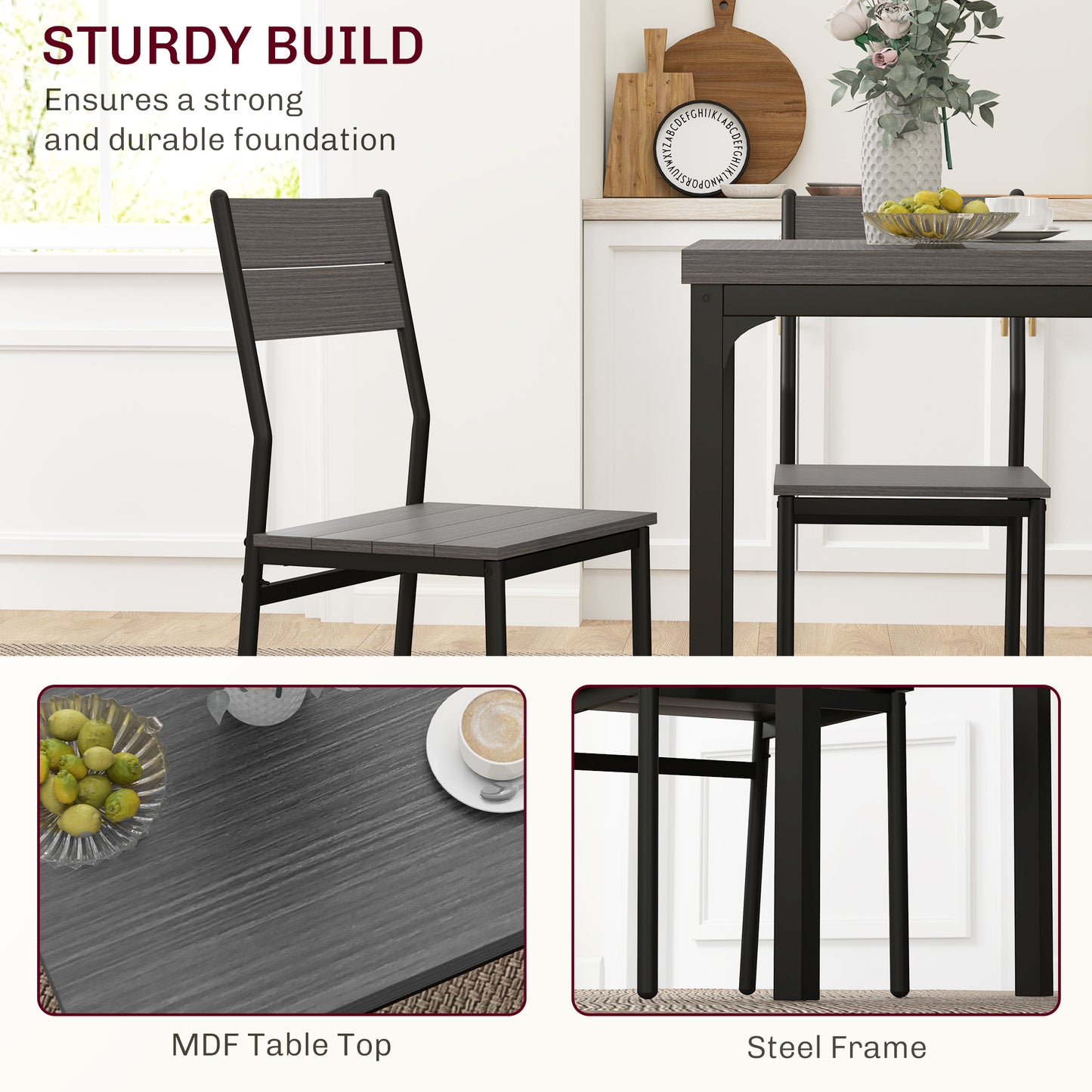 HOMCOM Three Piece Minimal Dining Set in Grey Wood Grain for Two People Compact Table and Chairs